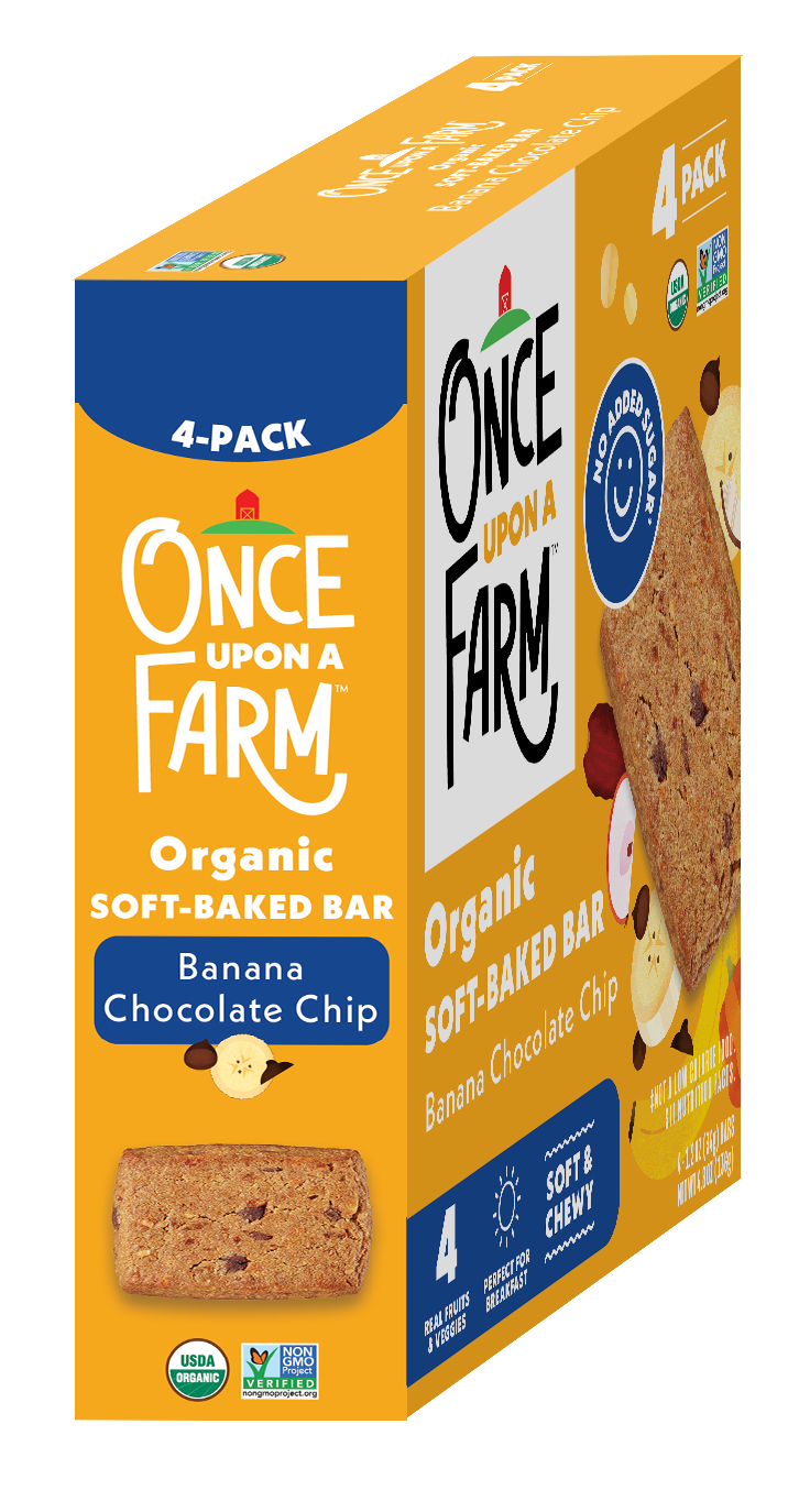 Box of Once Upon a Farm organic soft-baked bars with banana chocolate chip flavor on a white background