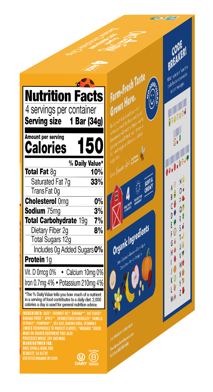 Box of a snack bar with nutrition facts label on an orange background