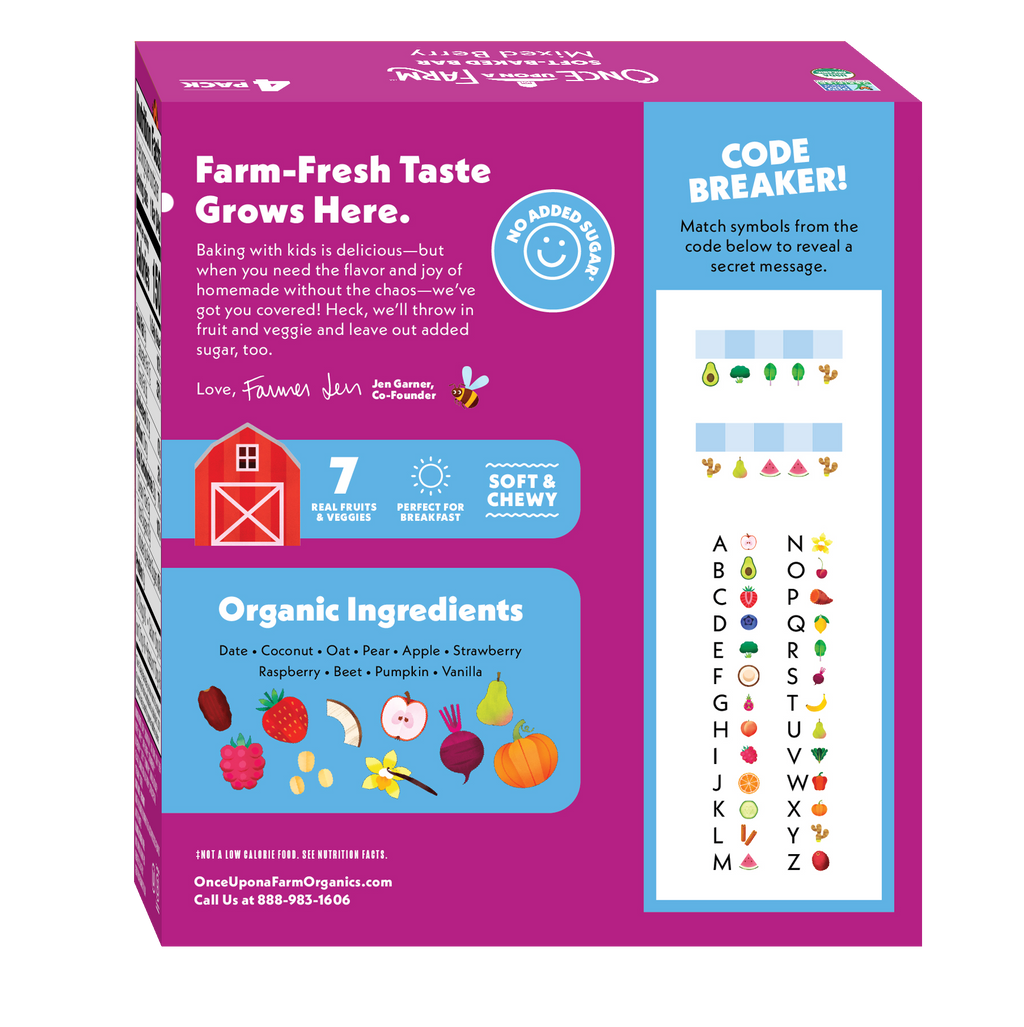 Box of organic snacks with colorful text and graphics on a white background