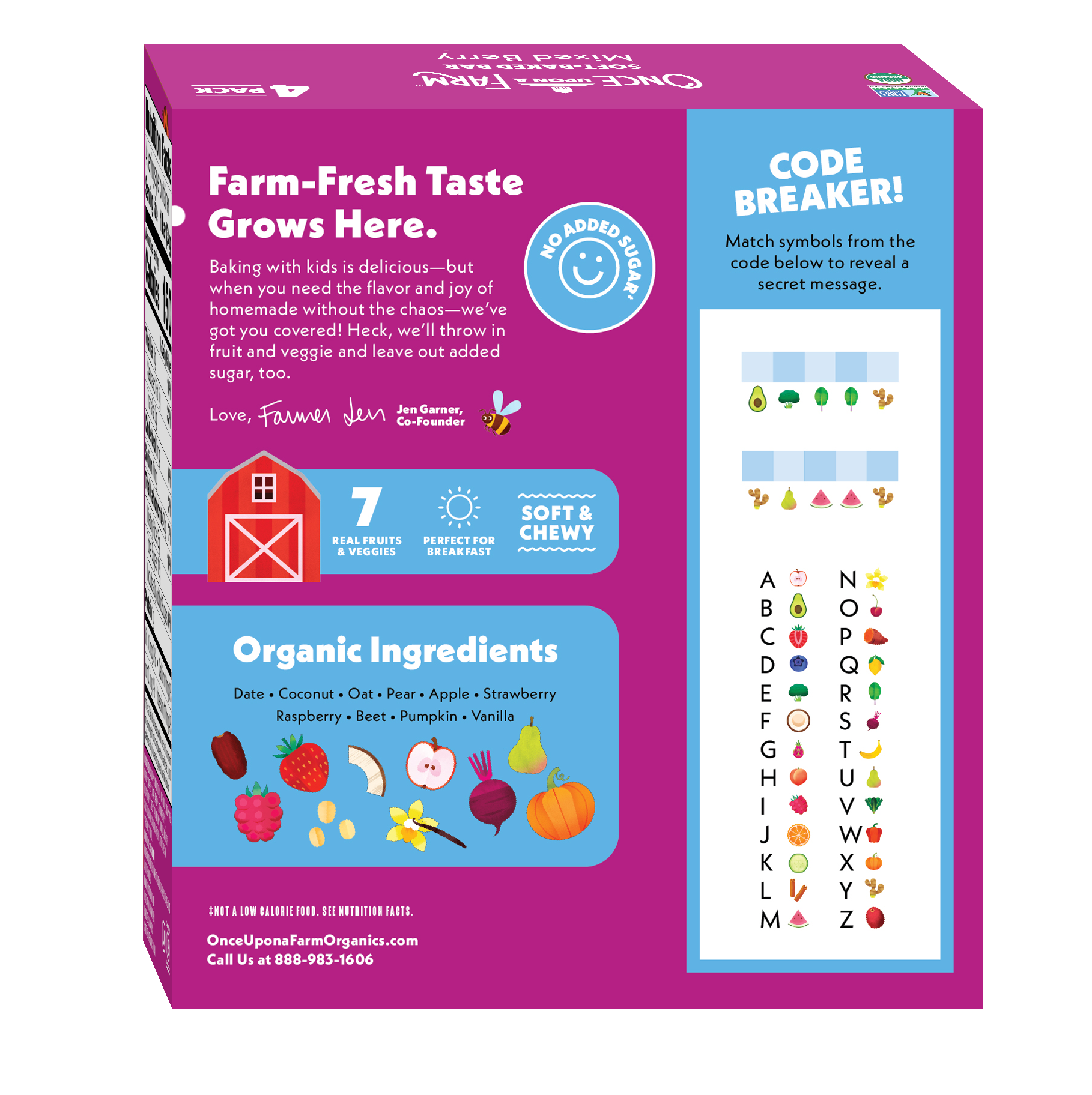 Box of organic snacks with colorful text and graphics on a white background
