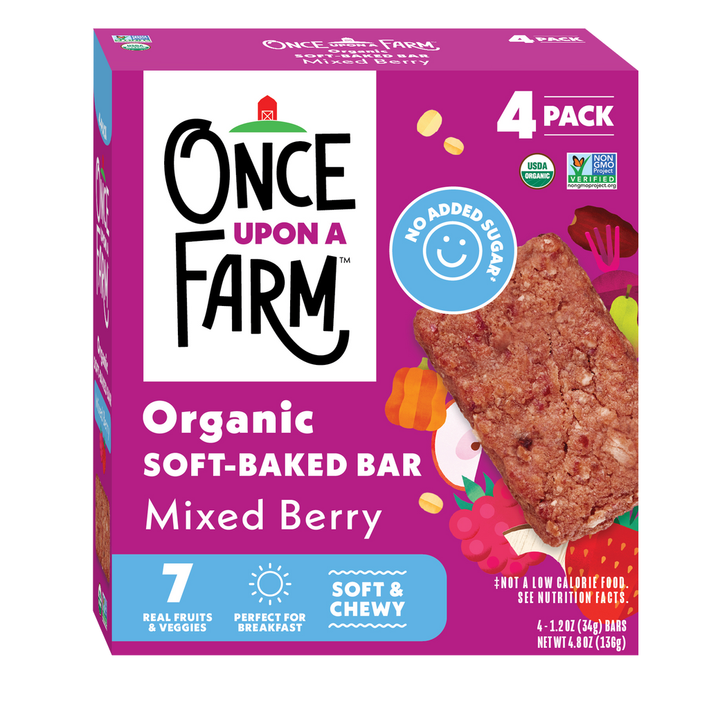 Box of Once Upon a Farm Organic Soft-Baked Bars Mixed Berry flavor on a white background