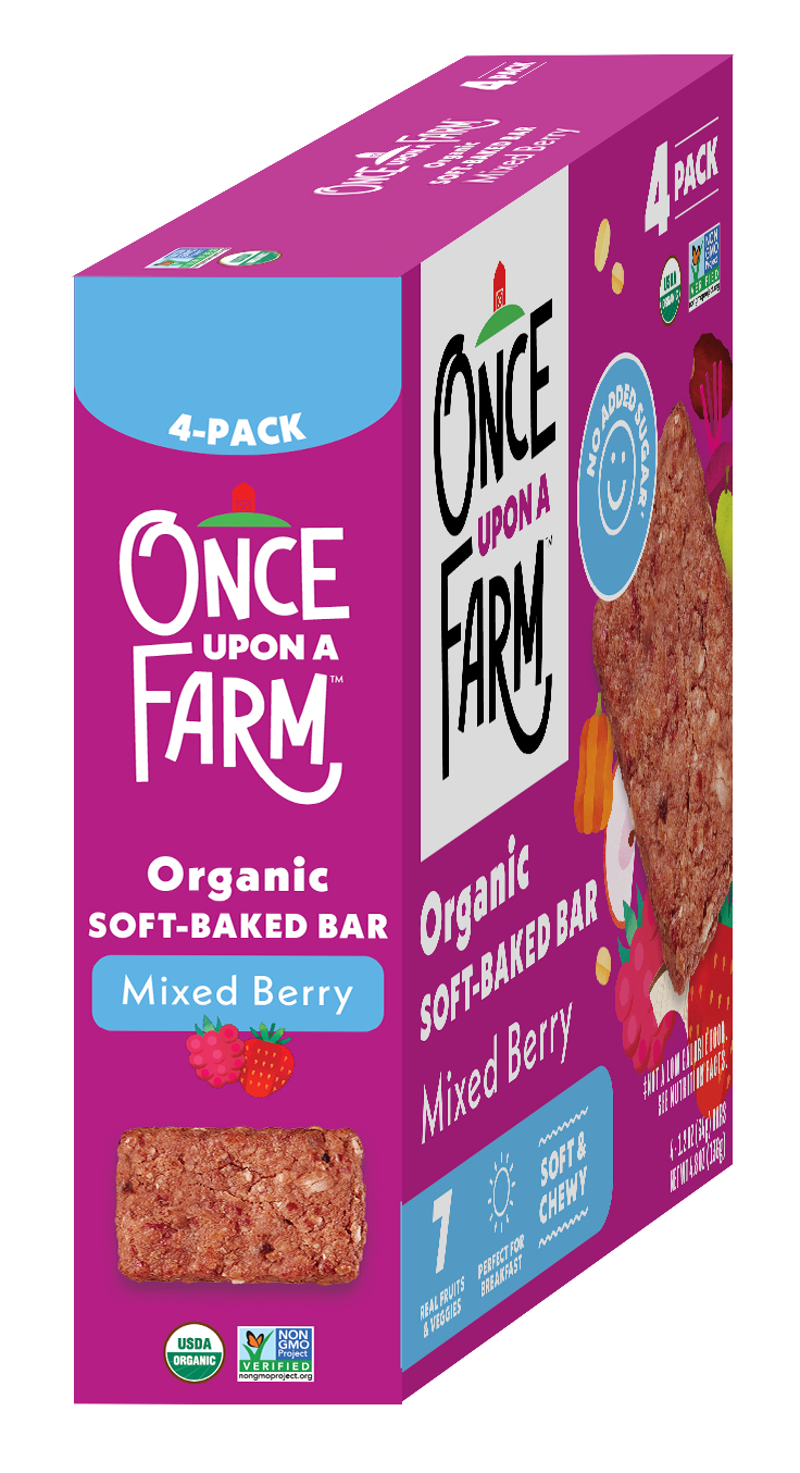 Box of Once Upon a Farm organic soft-baked bars with mixed berry flavor on a white background