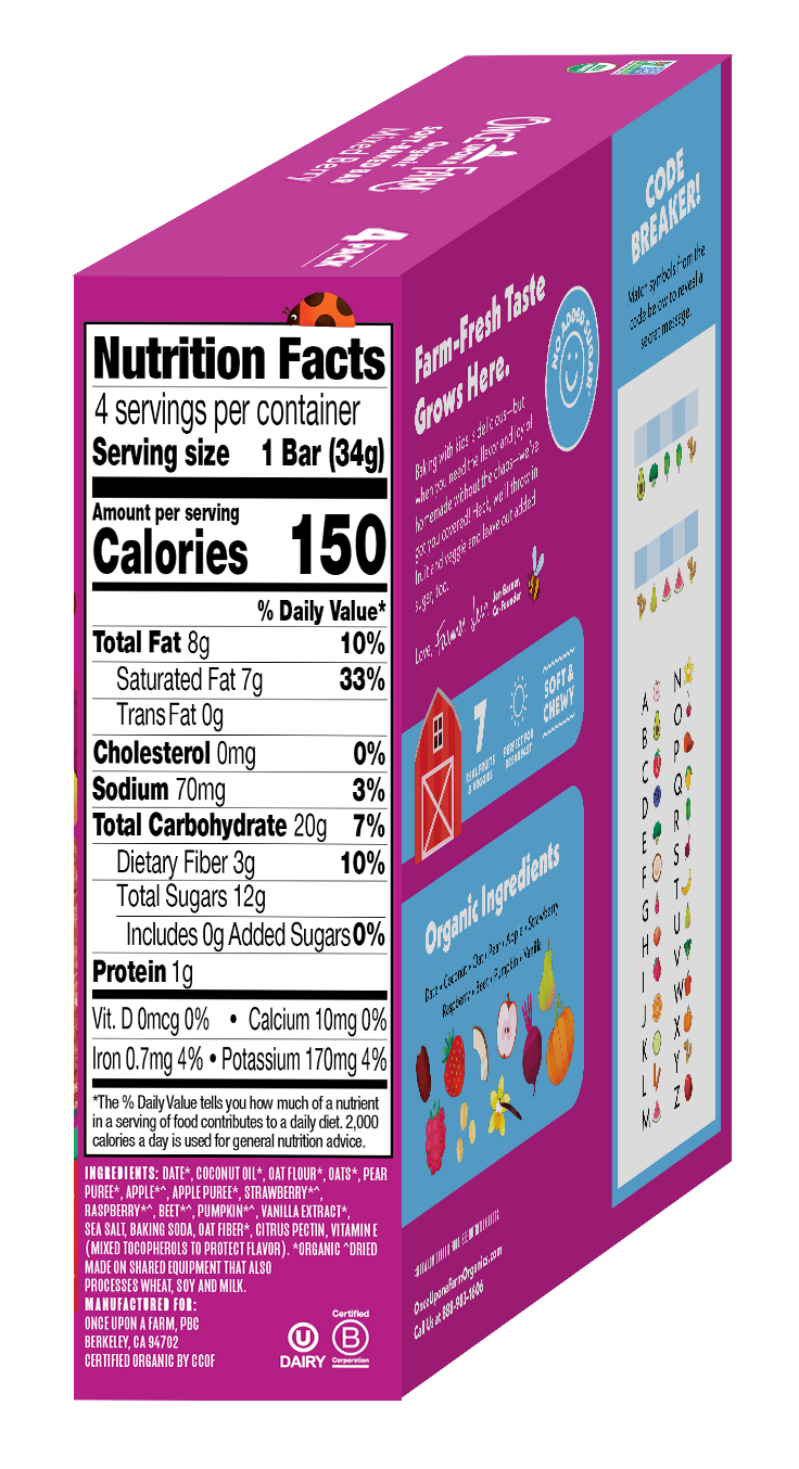 Purple packaging of a snack bar with nutritional information on a white background
