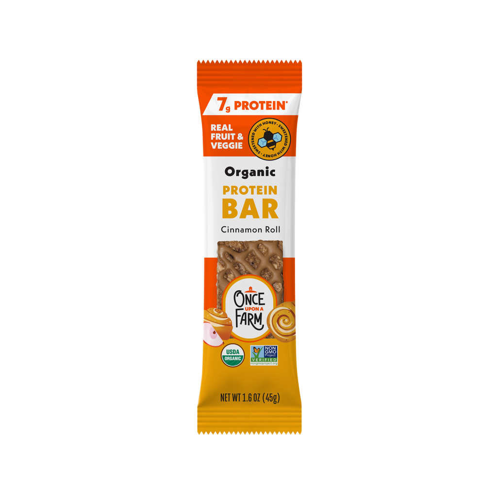 New Cinnamon Roll Refrigerated Protein bar packaging with '7 Protein' and 'Once Farm' branding on a white background