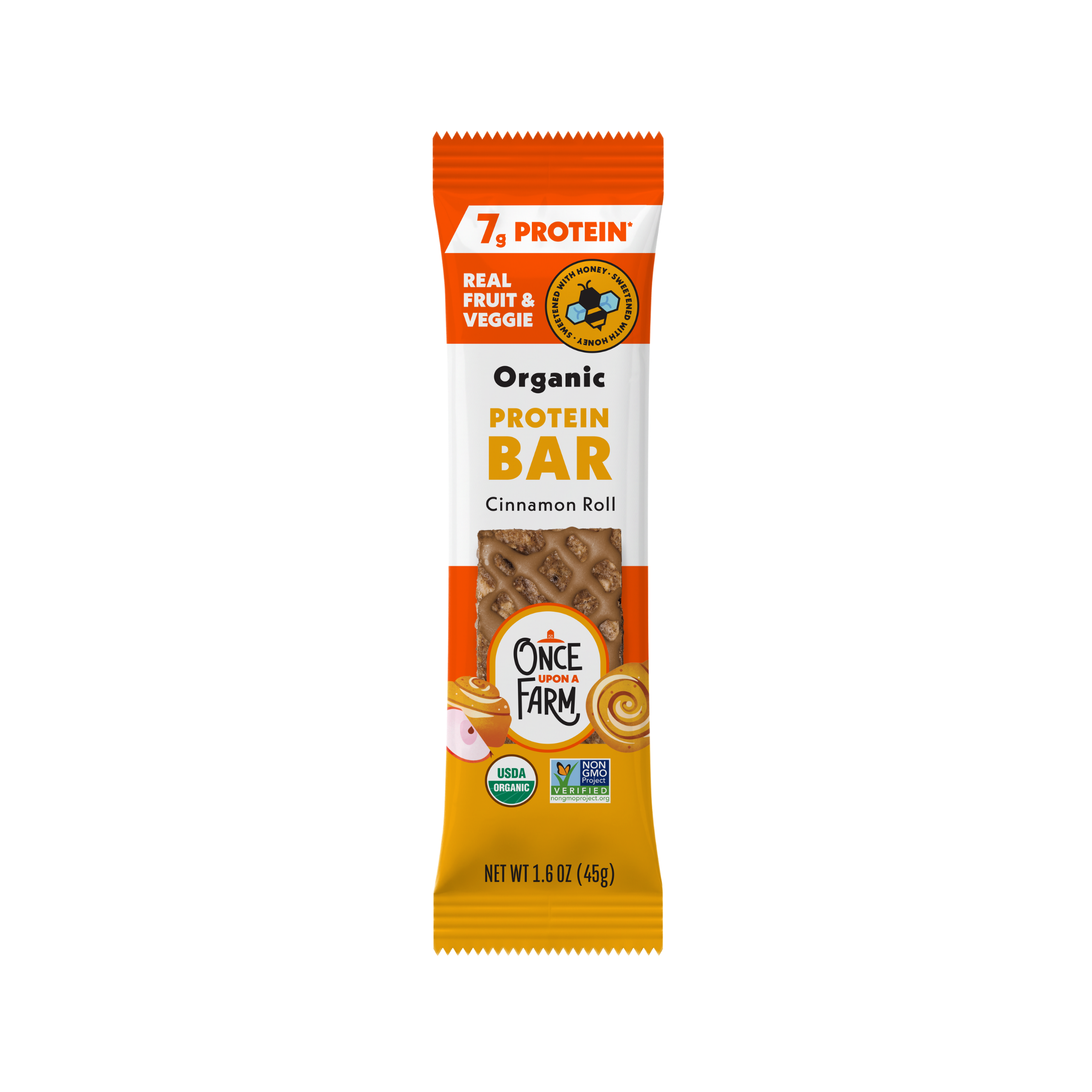 New Cinnamon Roll Refrigerated Protein bar packaging with '7 Protein' and 'Once Farm' branding on a white background