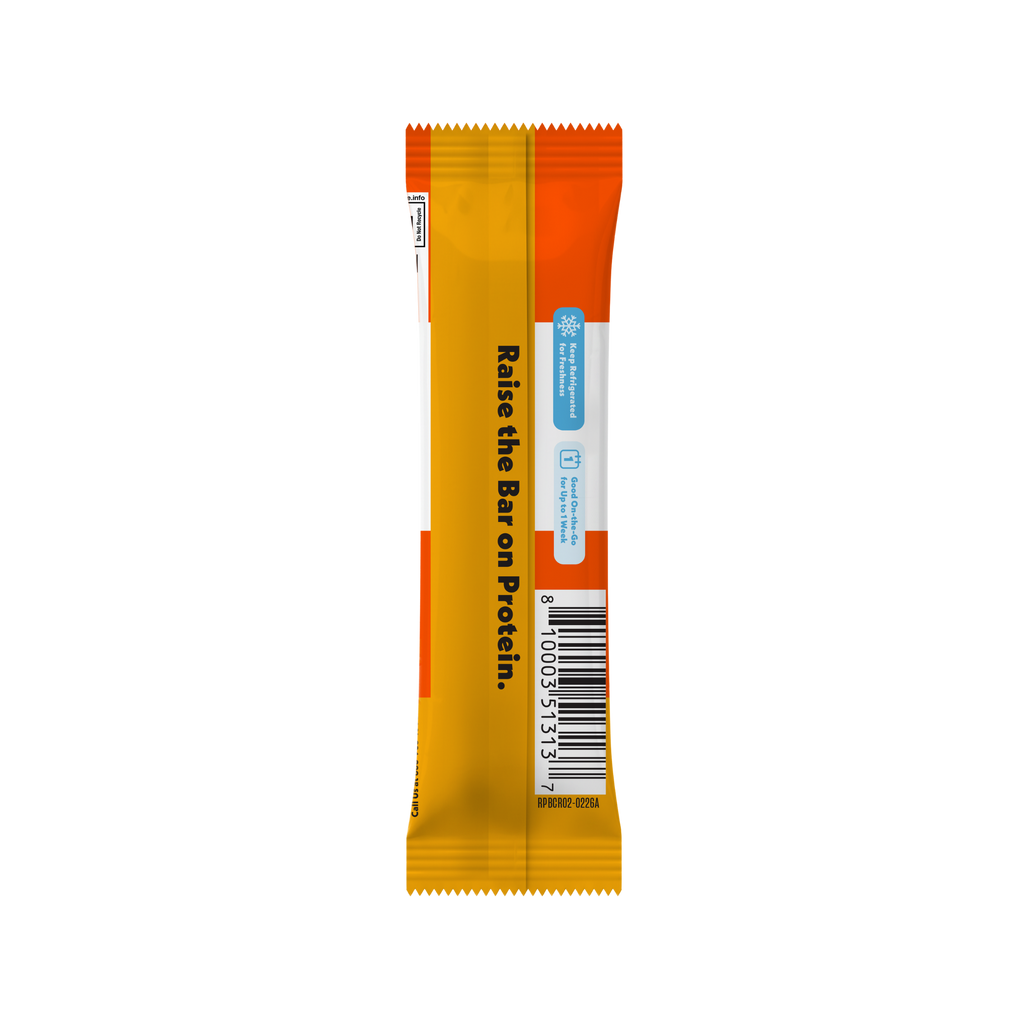 New Cinnamon Roll Refrigerated Protein bar packaging with gradient color scheme on a white background
