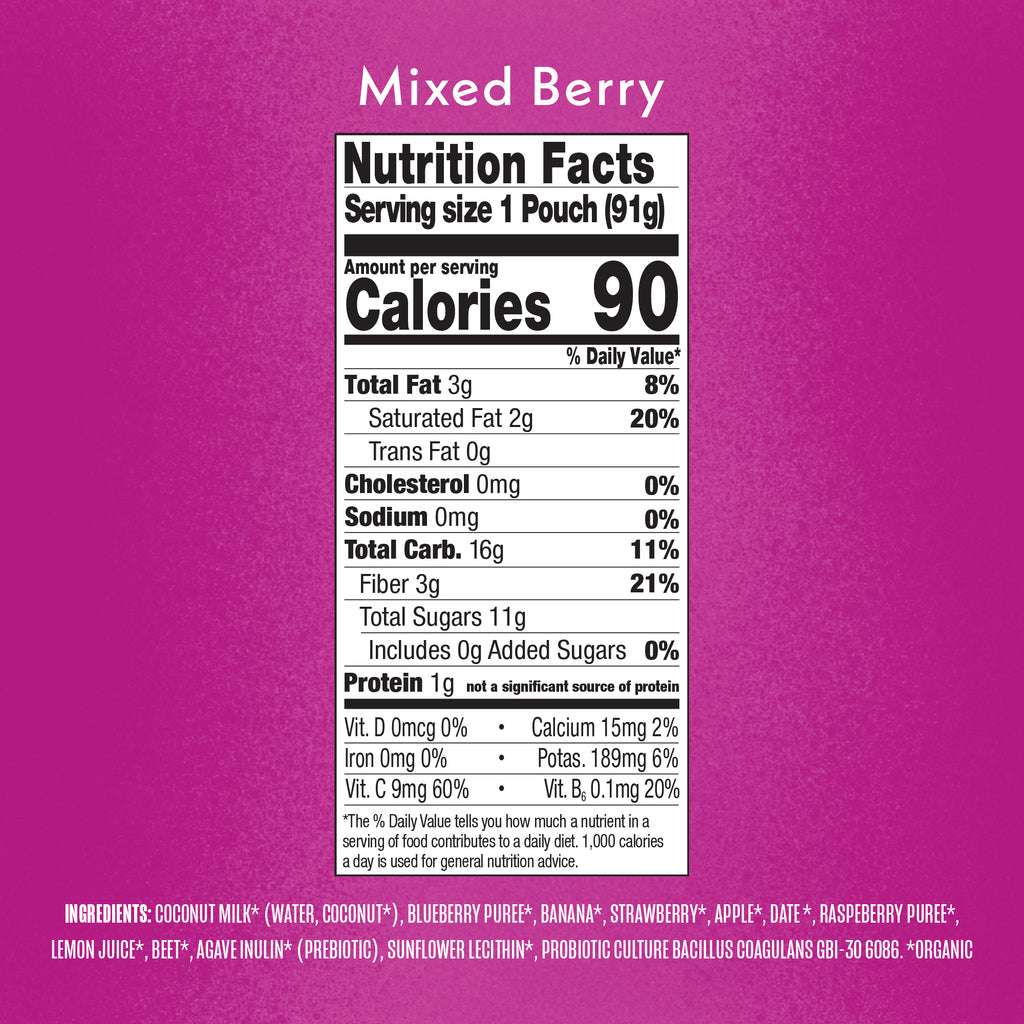 Mixed Berry: Coconut Milk, Blueberry, Banana, Strawberry, Apple, Date, Raspberry, Beet. USDA Organic, Non GMO Project Verified, Clean Label Project Purity Award logos