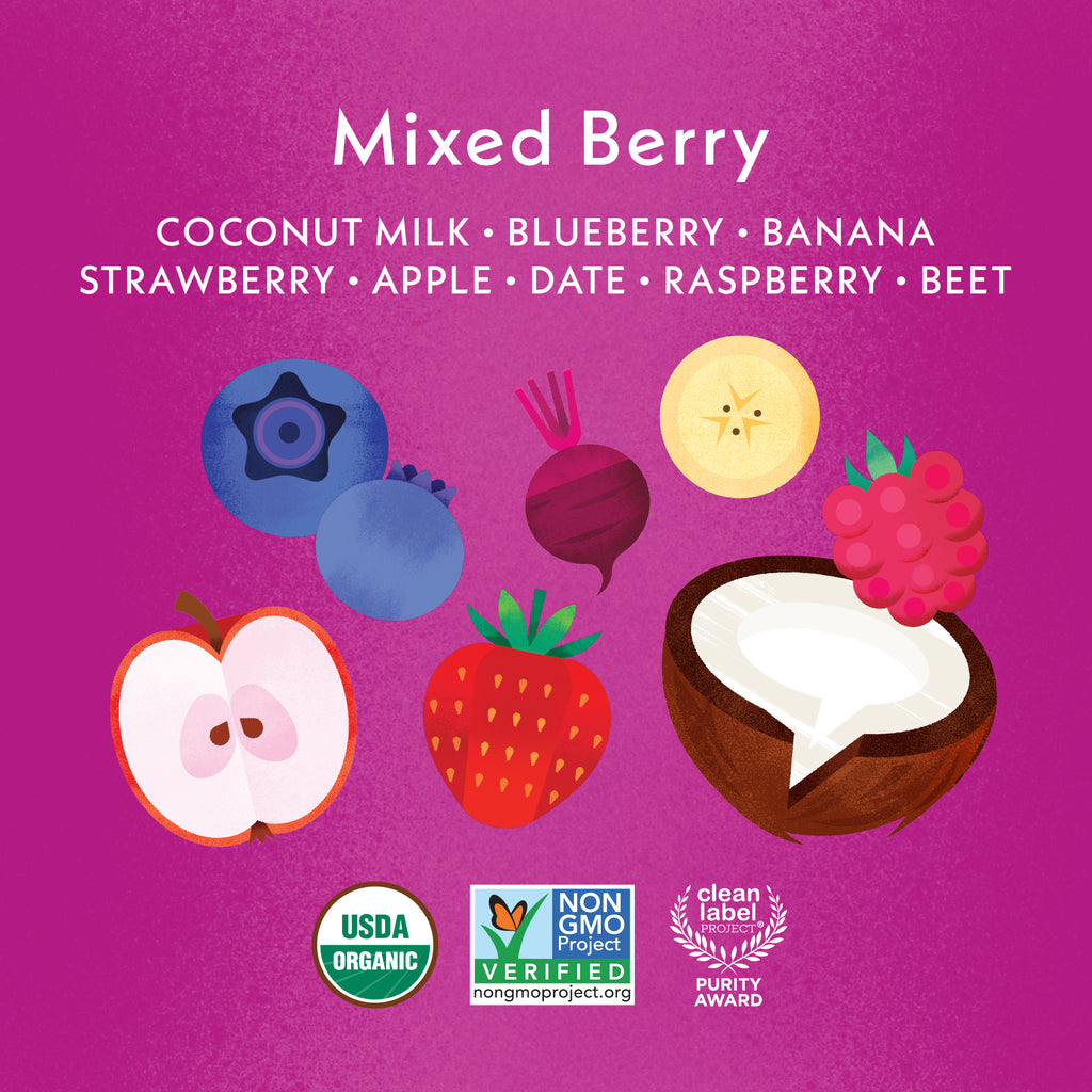 Mixed Berry: Coconut Milk, Blueberry, Banana, Strawberry, Apple, Date, Raspberry, Beet. USDA Organic, Non GMO Project Verified, Clean Label Project Purity Award logos