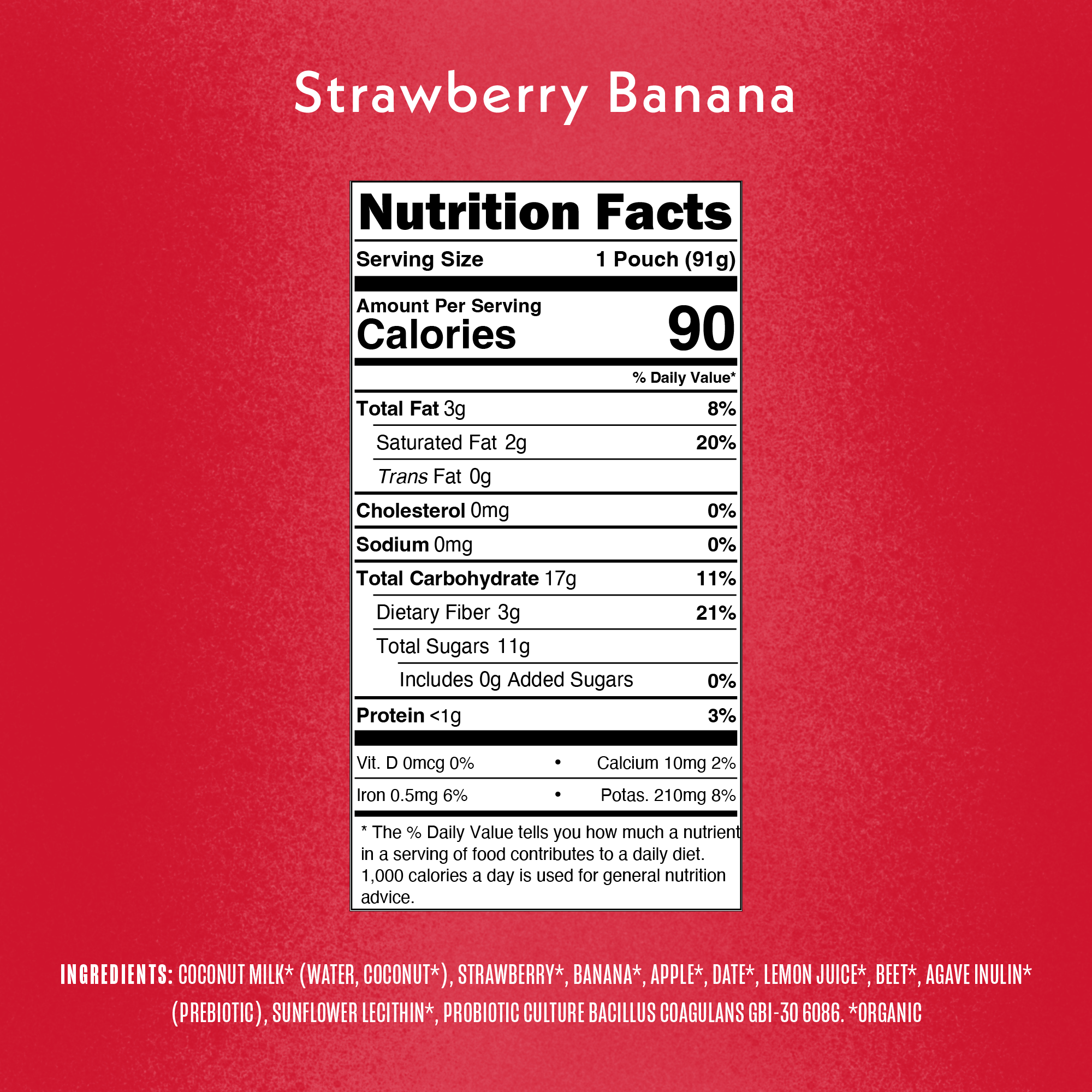 Nutrition Facts Once Upon a Farm Coconut Yogurt Alternative Strawberry Banana Organic Snack Pouch, 3.2oz