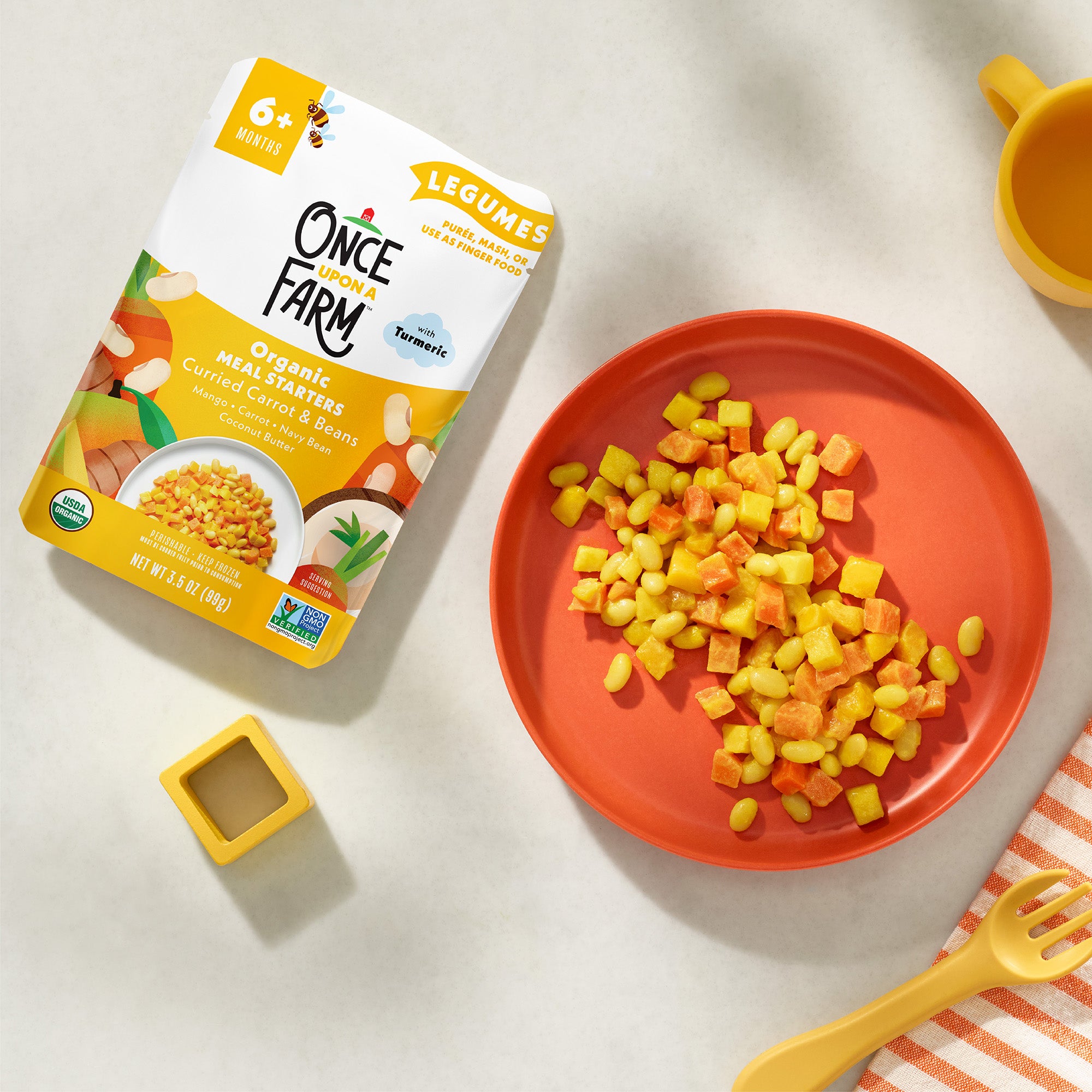 Curried Carrots and Beans Plated and Cooked Meal shown with Packaging
