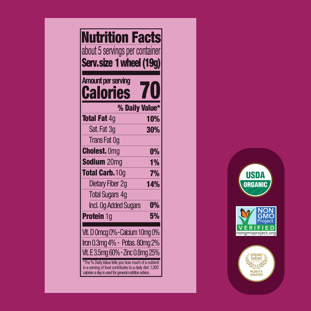 Nutrition facts label with USDA Organic and Non-GMO Project Verified logos on a purple background