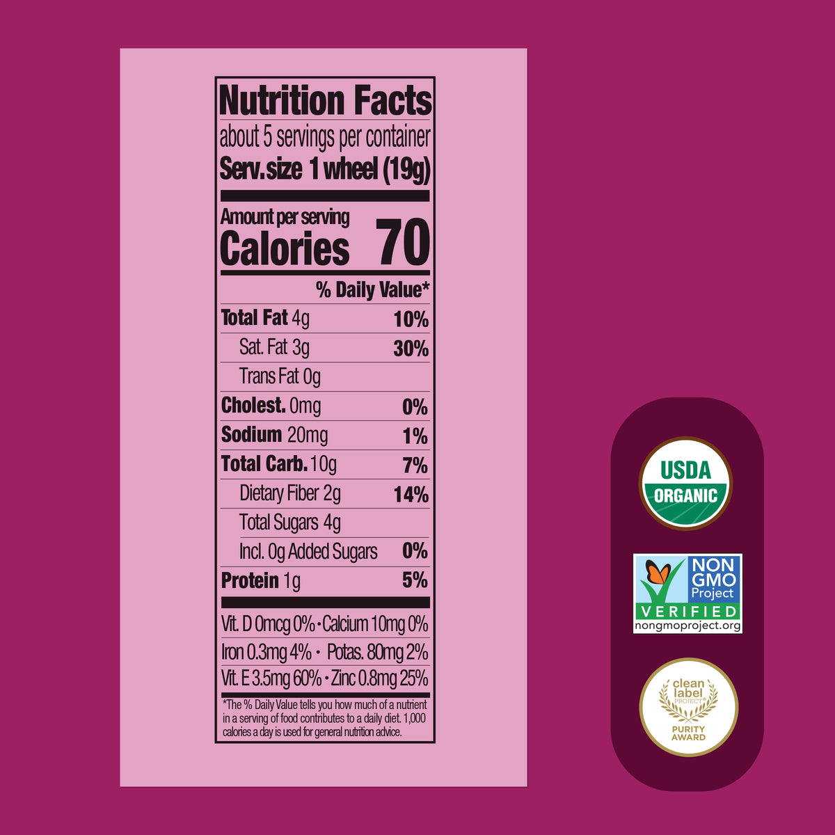 Nutrition facts label with USDA Organic and Non-GMO Project Verified logos on a purple background