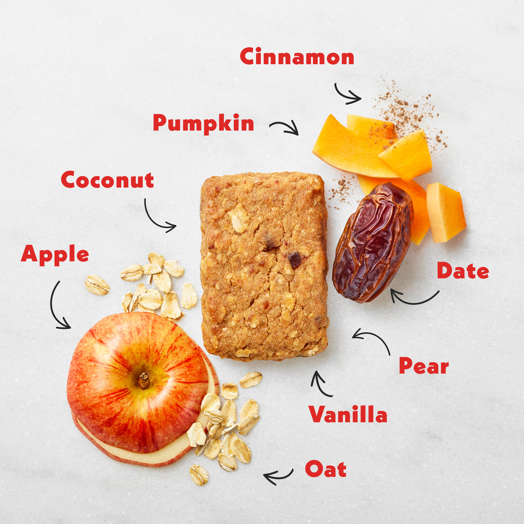 Apple & Oat Soft Baked Bar ingredients on a white background