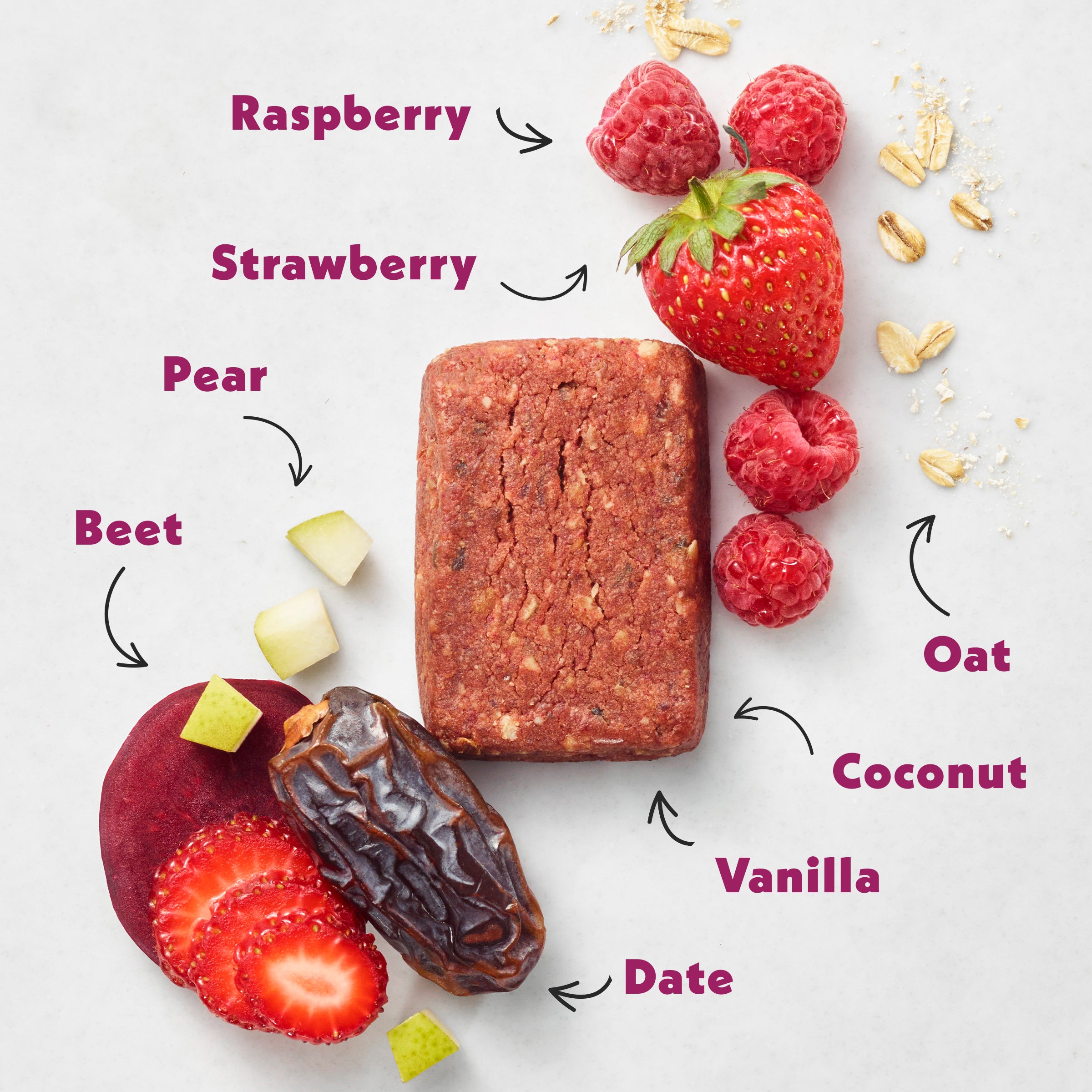 Mixed Berry Soft Baked Bar ingredients on a white background