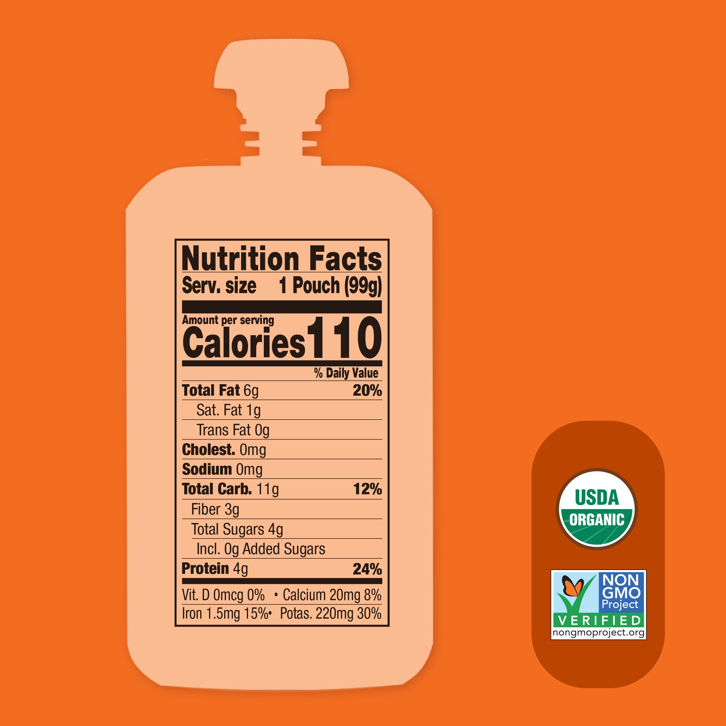 Nutrition facts label on a Black Bean, Apple, Pumpkin Seed & Mango Plant Protein pouch with organic and non-GMO verified logos on an orange background