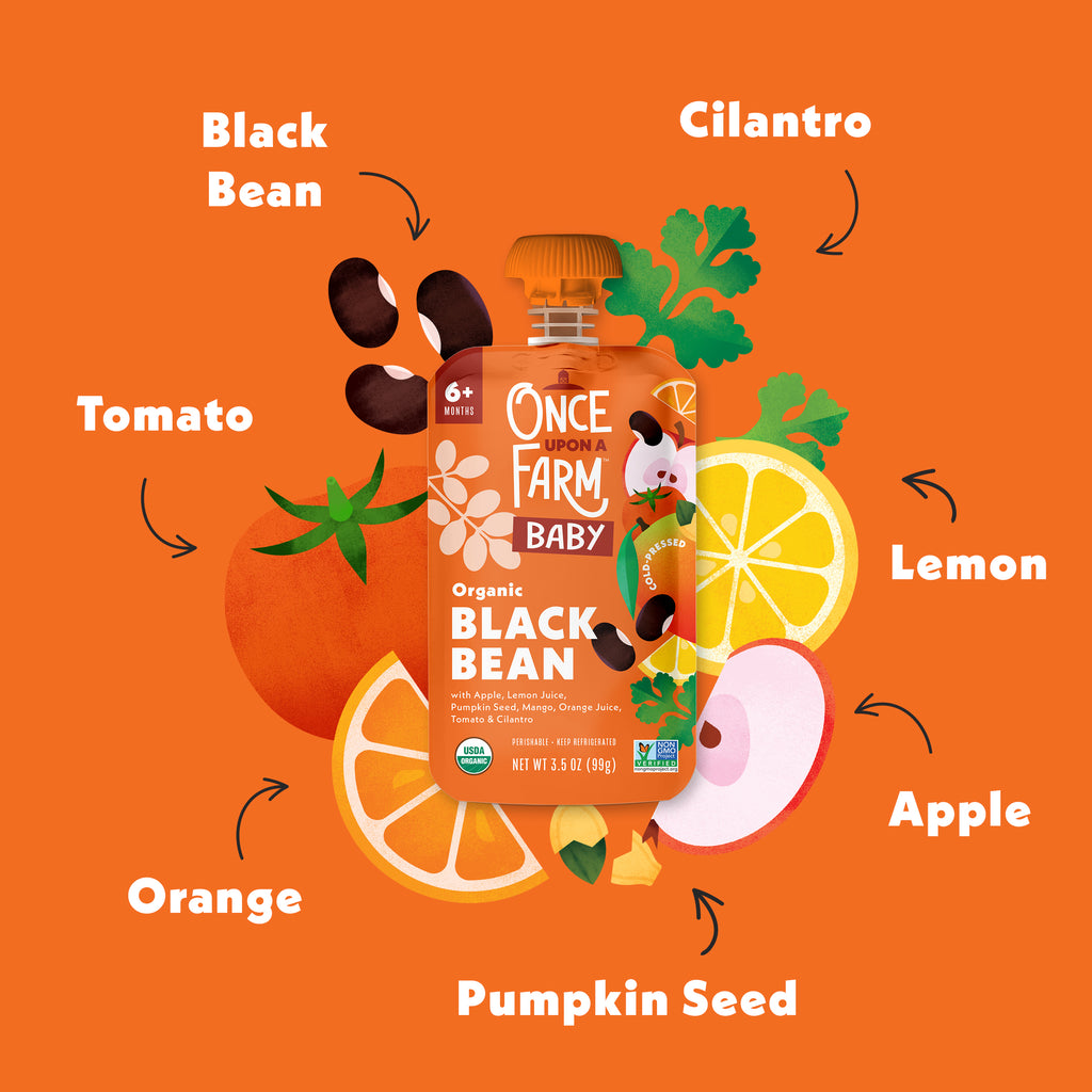 Illustration of a Black Bean, Apple, Pumpkin Seed & Mango Plant Protein pouch labeled 'Once Upon A Farm Baby' with ingredients like black bean, tomato, cilantro, lemon, apple, and pumpkin seed on an orange background.