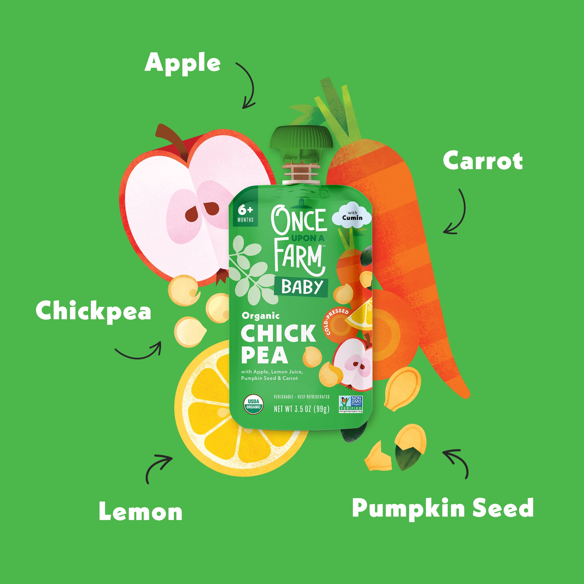 Once Upon a Farm Baby organic Chickpea, Apple, Pumpkin Seed & Carrot Plant Protein pouch with labeled ingredients on a green background