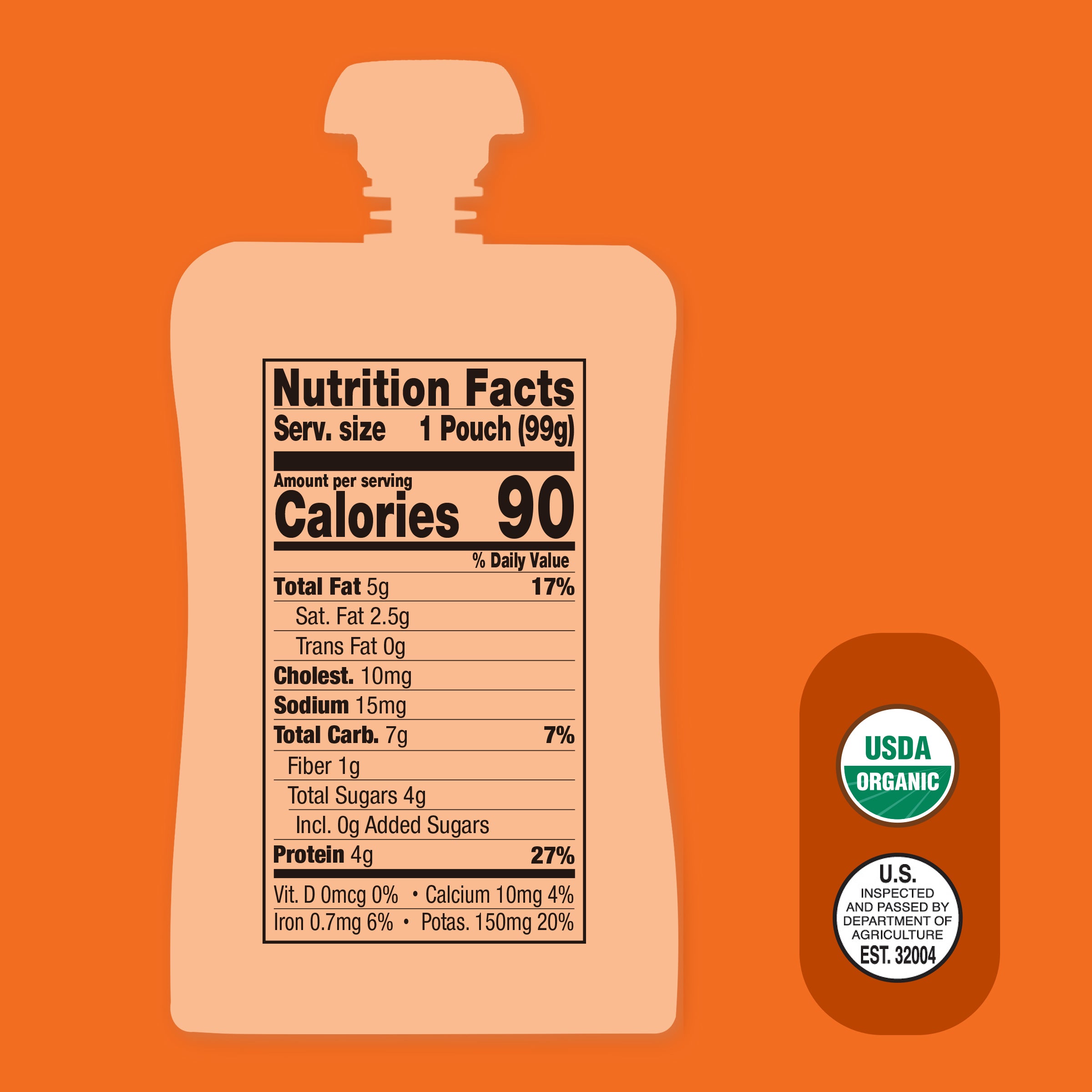 Nutrition facts label on a Apple, Coconut Milk, Beef & Butternut Squash pouch with USDA Organic logo on an orange background