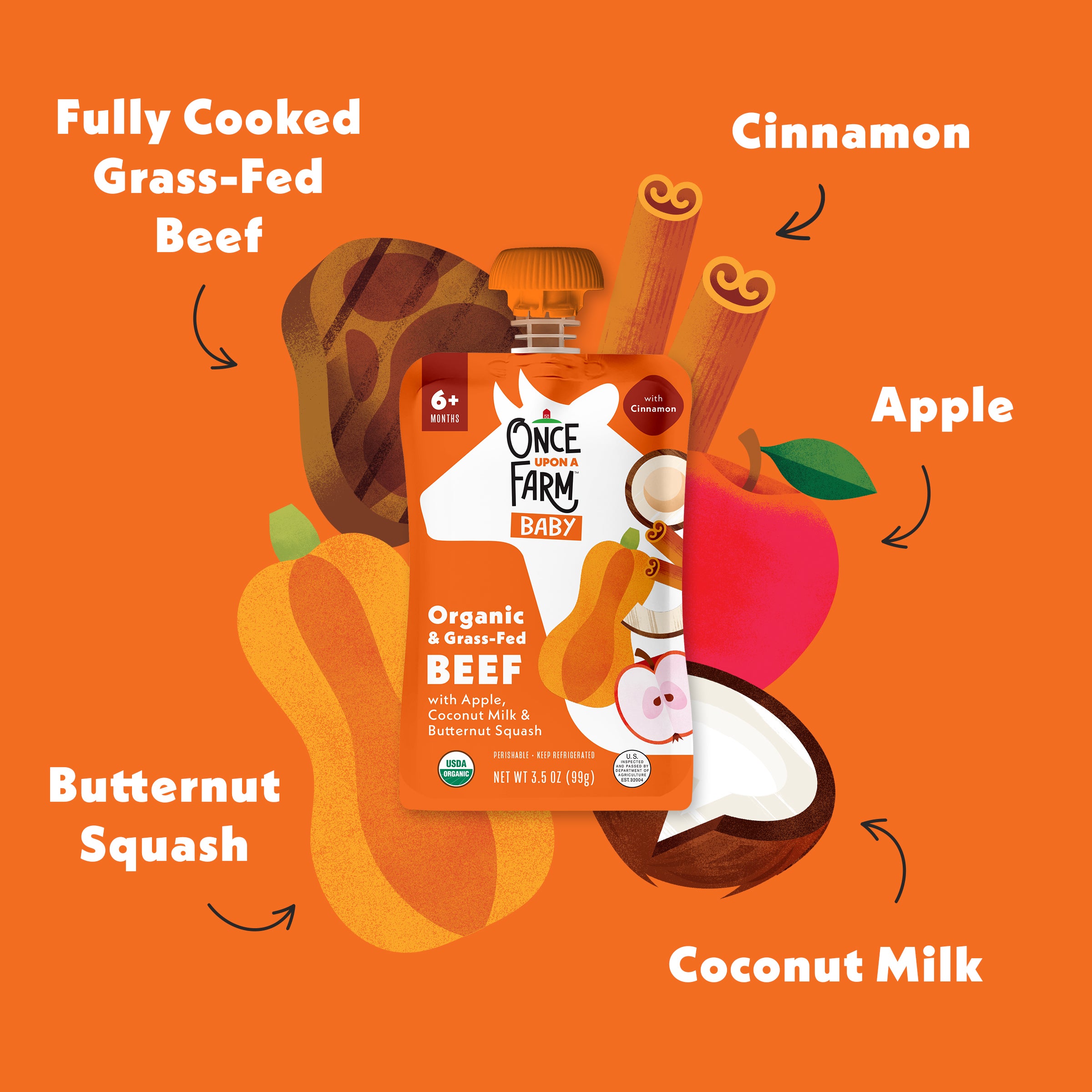 Once Upon a Farm Baby Apple, Coconut Milk, Beef & Butternut Squash pouch with ingredients on an orange background