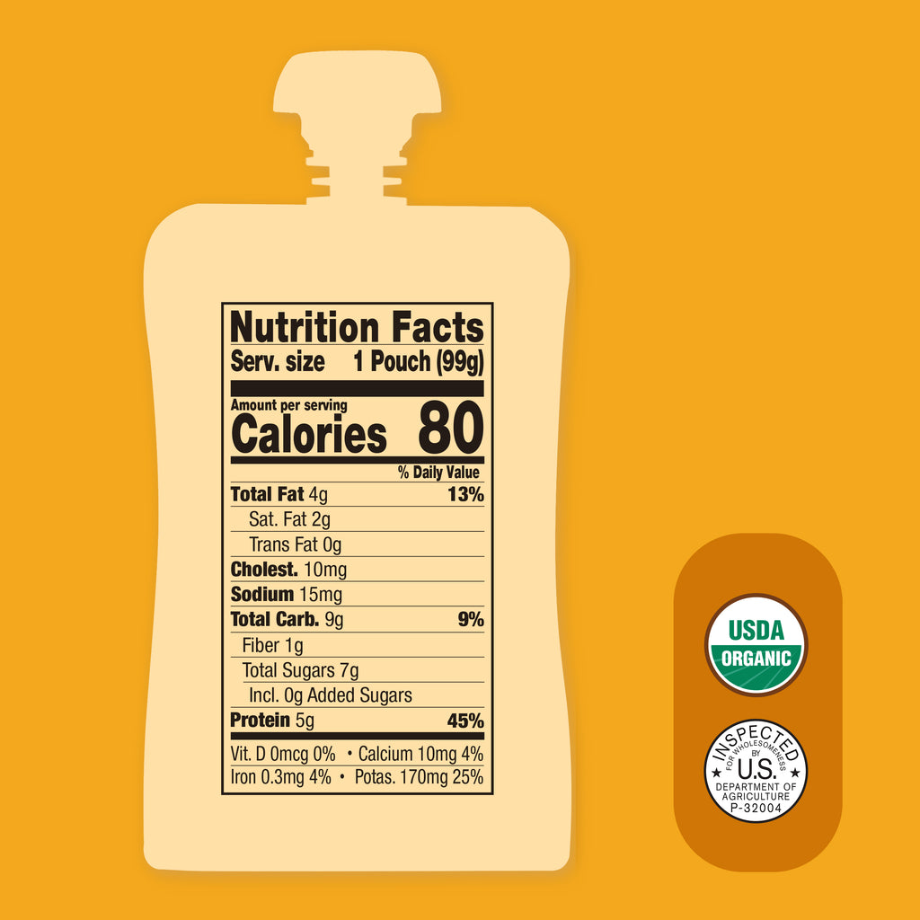 Nutrition facts label on a Apple, Coconut Milk, Chicken & Mango pouch with USDA Organic certification on an orange background