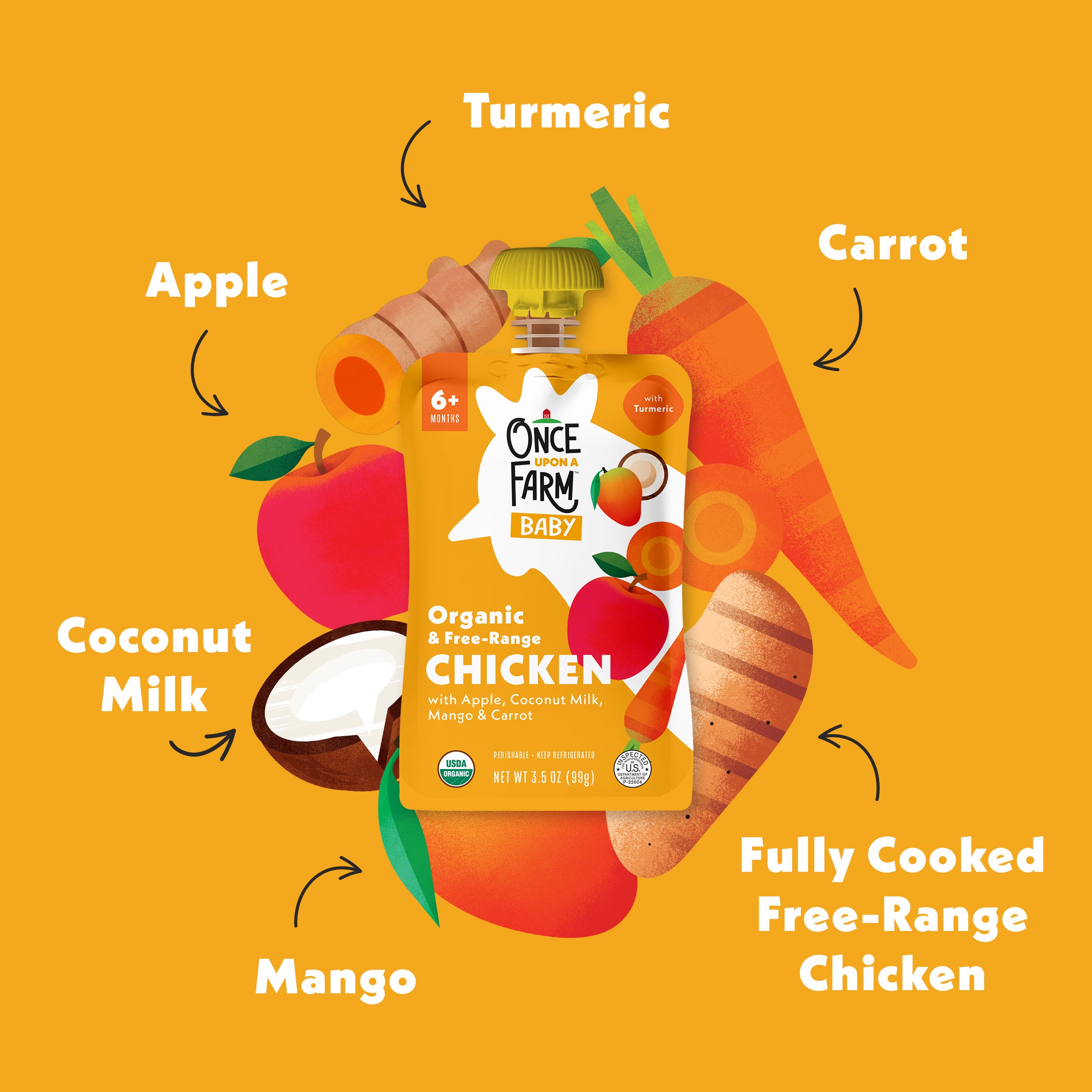 Once Farm Baby Apple, Coconut Milk, Chicken & Mango pouch with ingredients labeled on a orange background