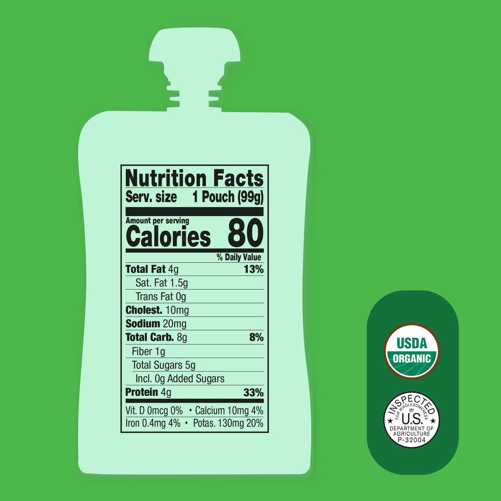 Nutrition facts label on a Apple, Coconut Milk, Turkey & Butternut Squash pouch on a green background with USDA Organic and Department of Agriculture logos.