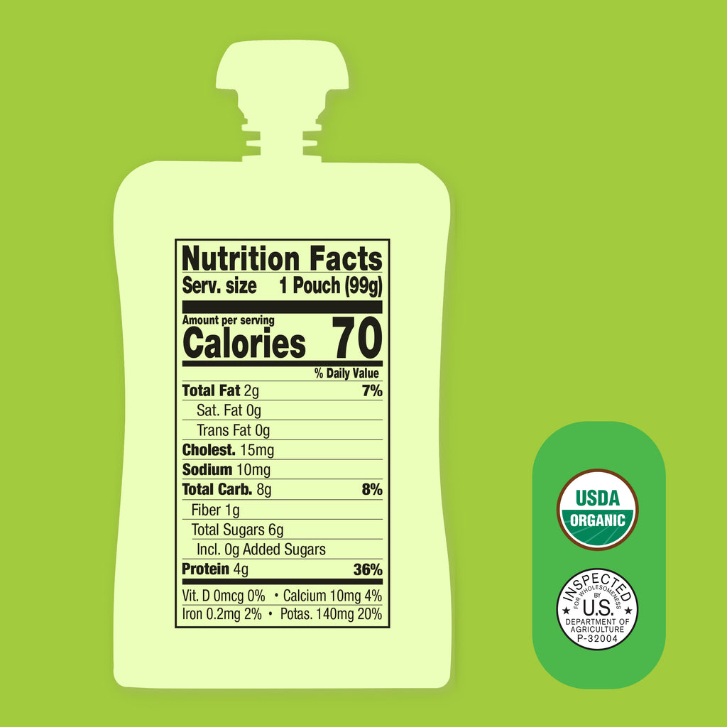 Nutrition facts label on a Apple, Pineapple, Chicken & Carrot  pouch with USDA Organic labels against a green background