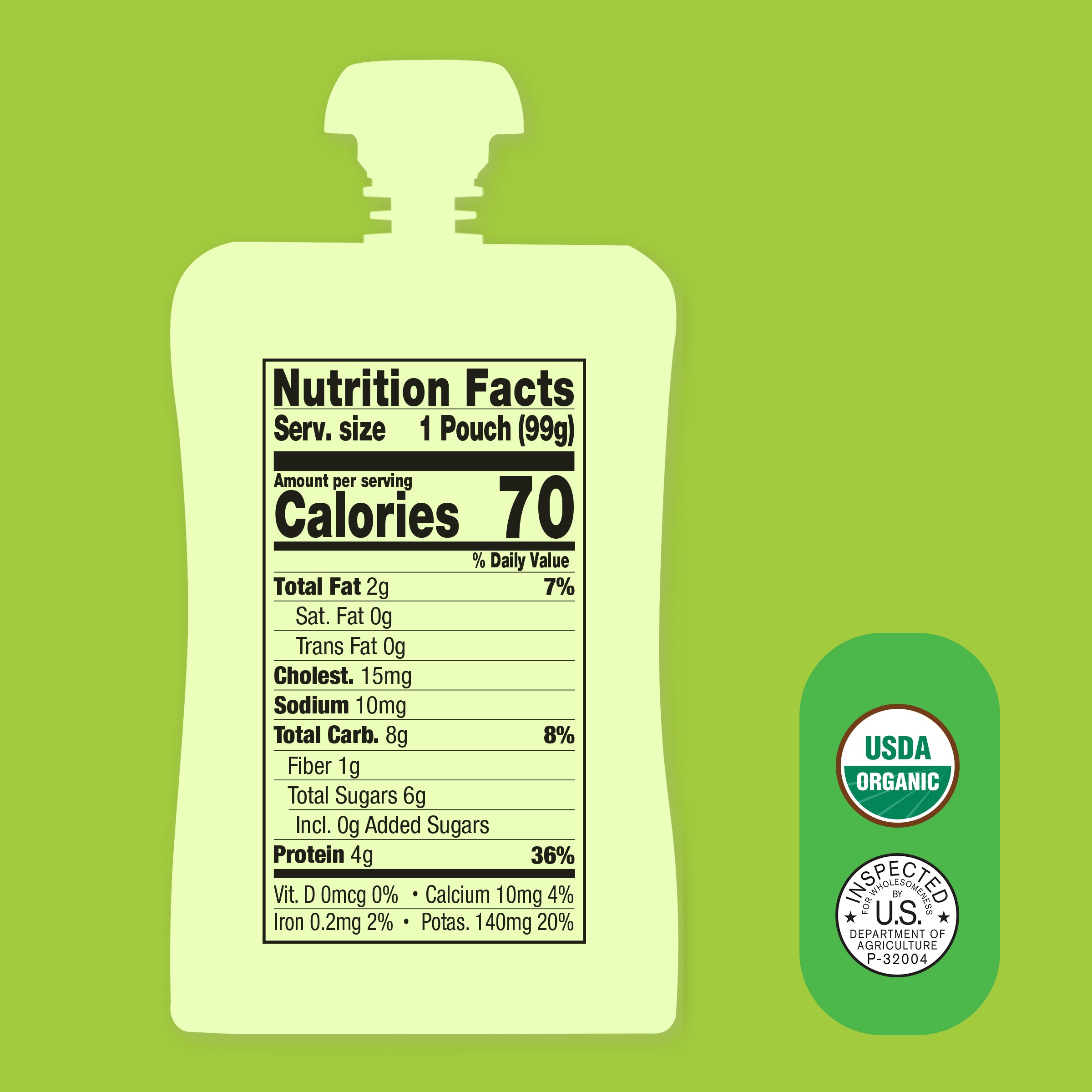 Nutrition facts label on a Apple, Pineapple, Chicken & Carrot  pouch with USDA Organic labels against a green background