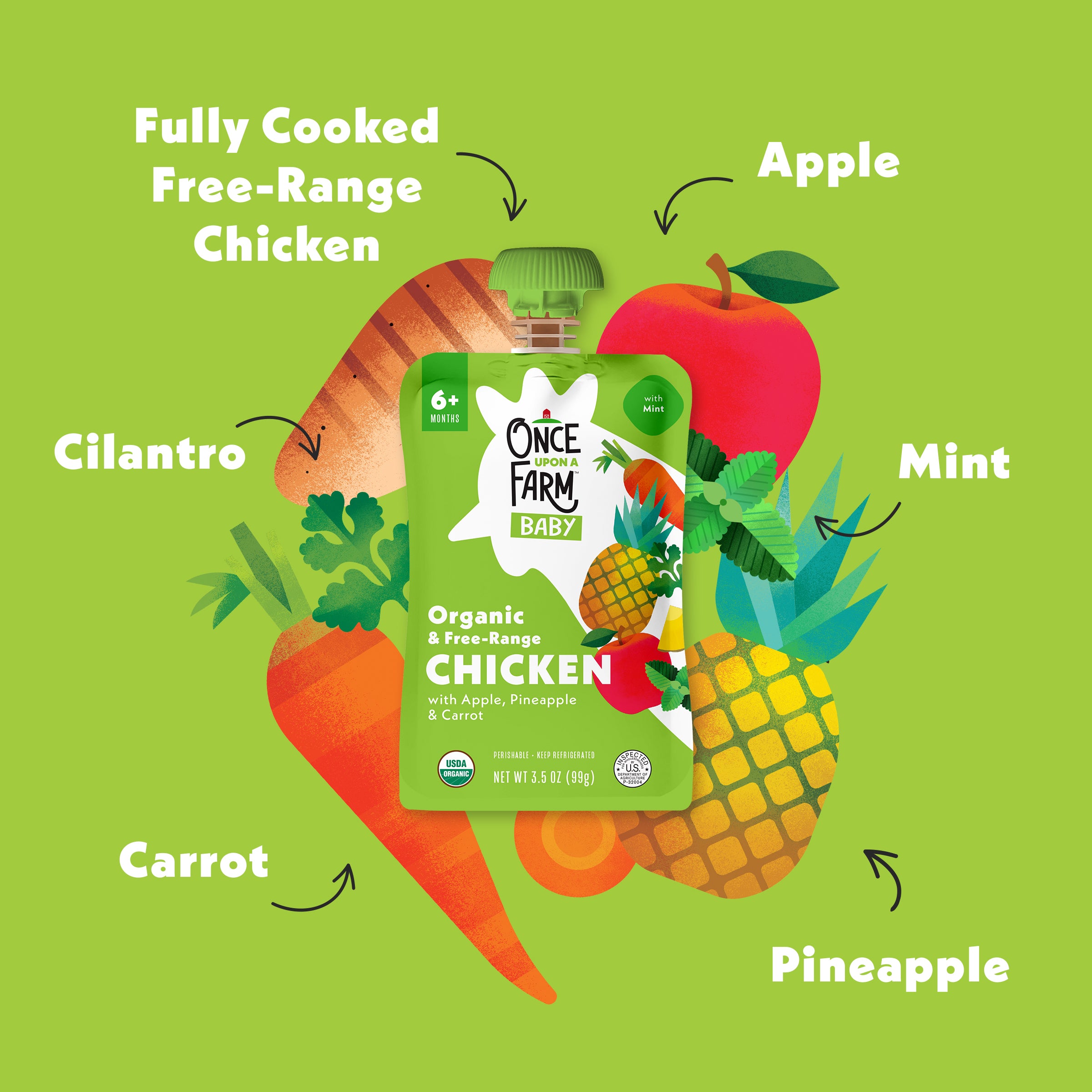 Once Farm Baby organic Apple, Pineapple, Chicken & Carrot  pouch with ingredients labeled on a green background