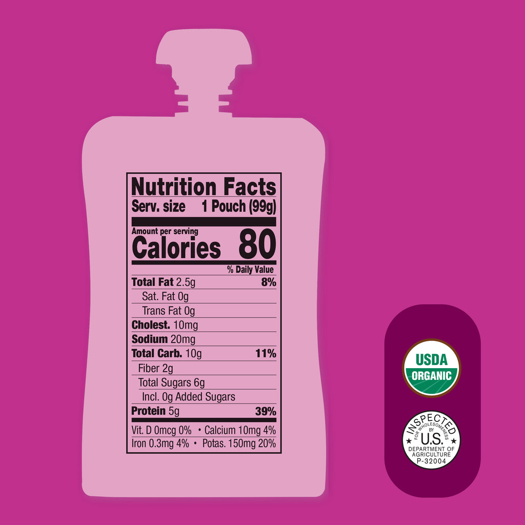 Silhouette of a Apple, Turkey, Raspberry & Banana pouch with nutrition facts label on a purple background