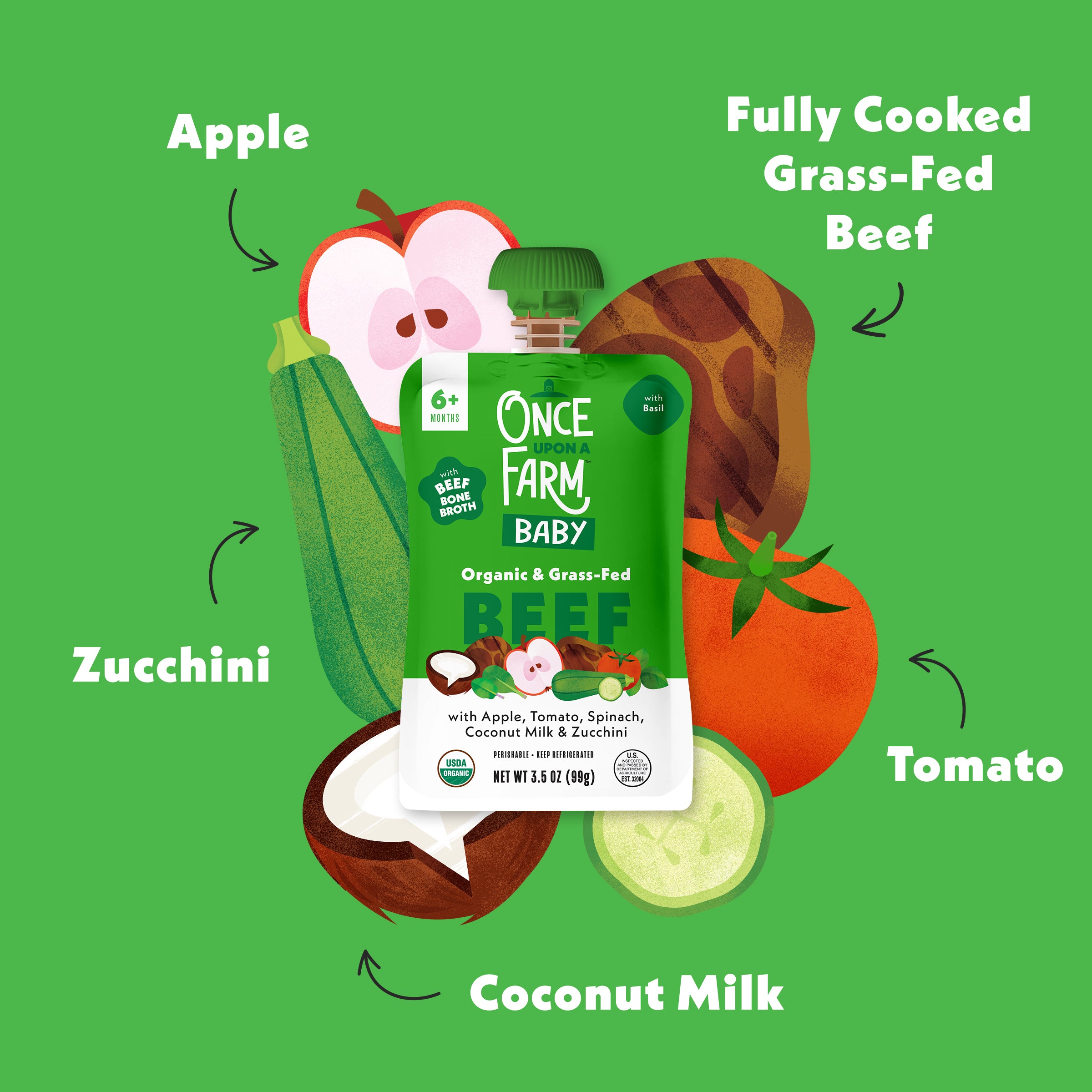 Once a Farm Baby Apple, Beef Bone Broth, Tomato & Spinach pouch with ingredients on a green background