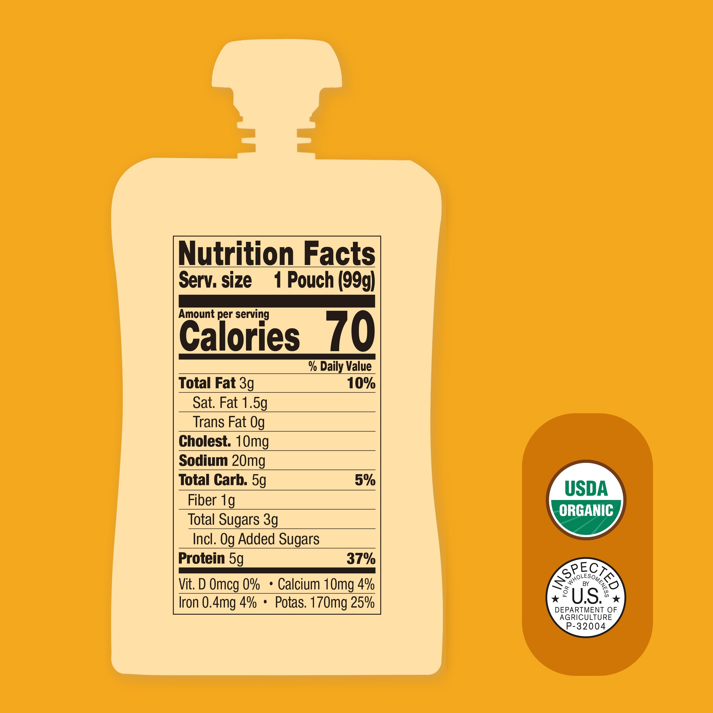 Nutrition facts label on a Apple, Chicken Bone Broth, Tomato & Cauliflower pouch with USDA Organic certification on an orange background