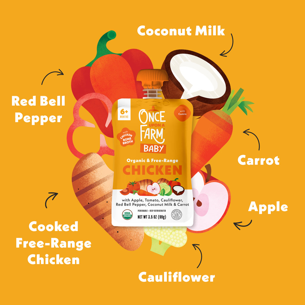 Once at the Farm Baby organic baby Apple, Chicken Bone Broth, Tomato & Cauliflower pouch with ingredients on a yellow background