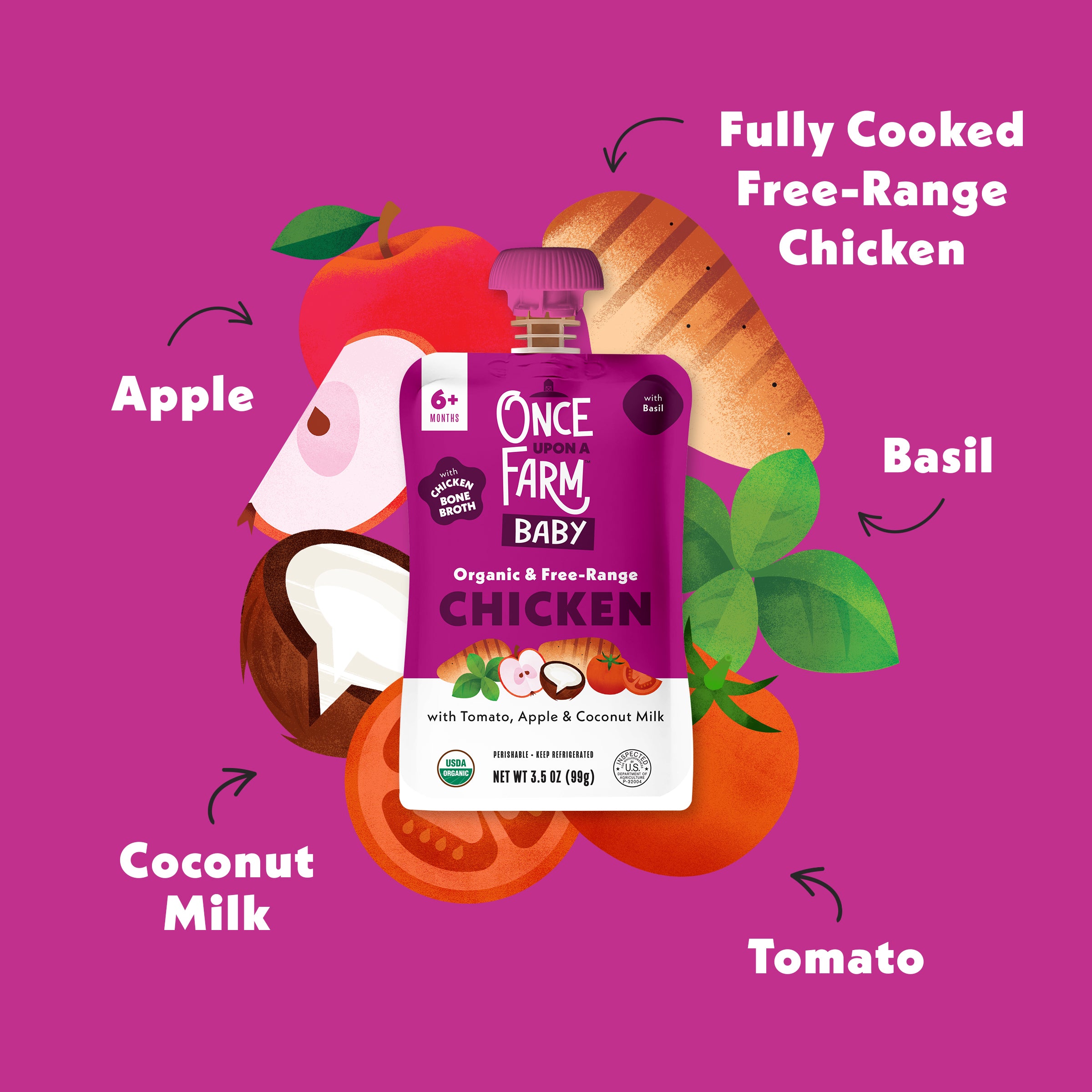 Once Upon a Farm Baby Tomato, Apple, Chicken Bone Broth & Coconut Milk package with ingredients on a purple background
