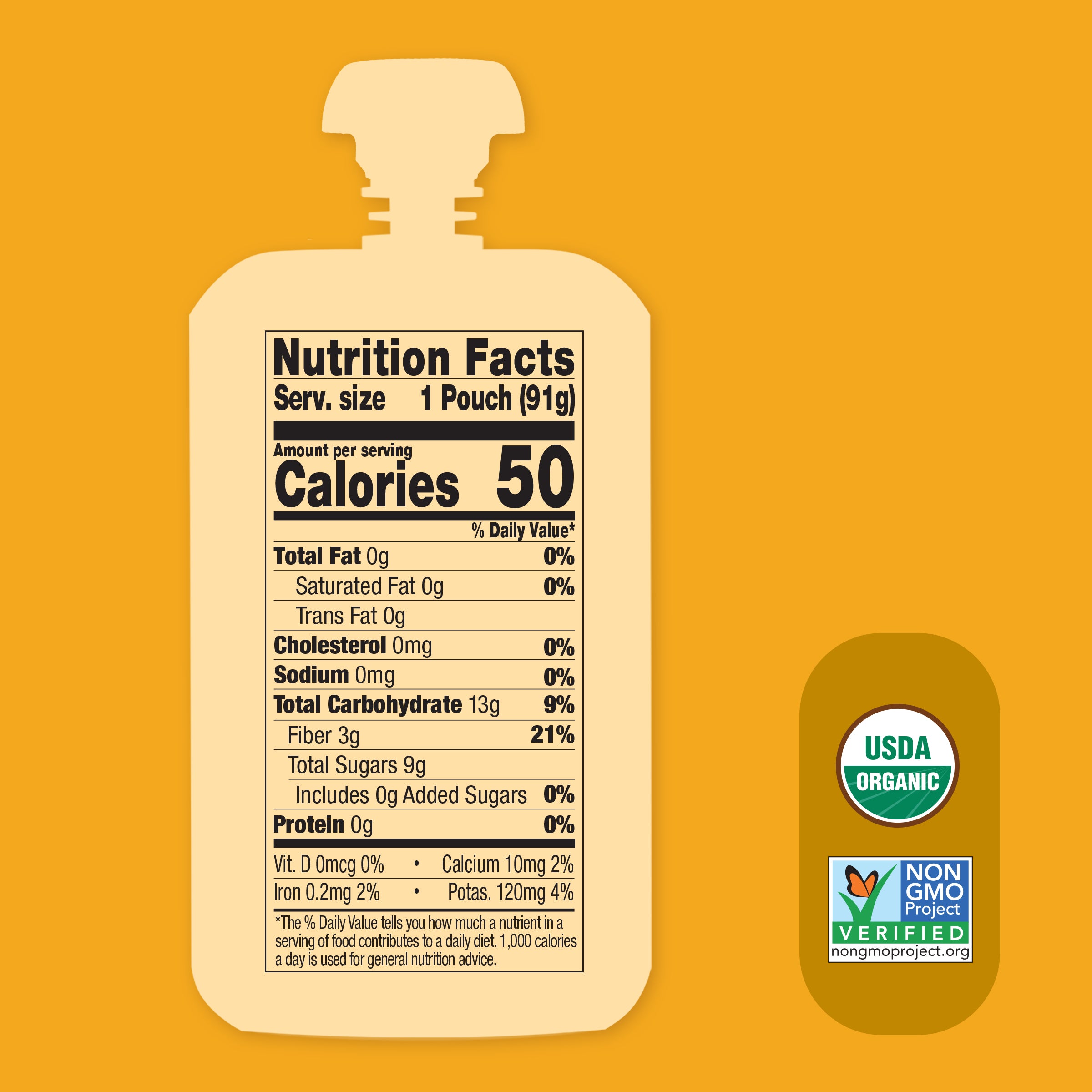 Nutrition facts label on a yellow background with USDA Organic and Non-GMO Project Verified logos. Pineapple Orange Guava Belly Blend. 