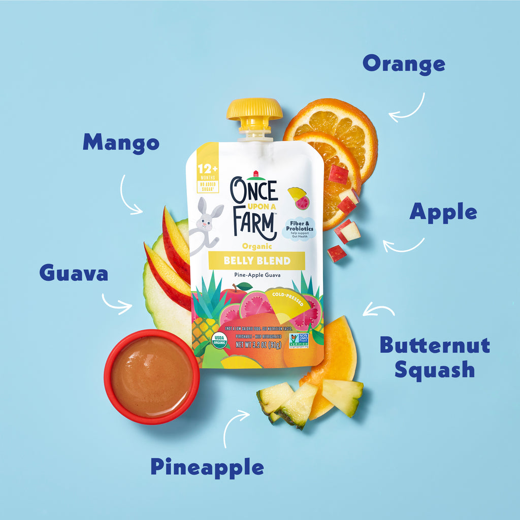 Once Upon a Farm Pineapple Orange Guava Belly Blend pouch with fruit slices and text labels on a blue background. Orange, Apple, Butternut Squash, Pineapple, Guava, and Mango. 

#svg:pine-apple-guava-belly-blend-ingredients