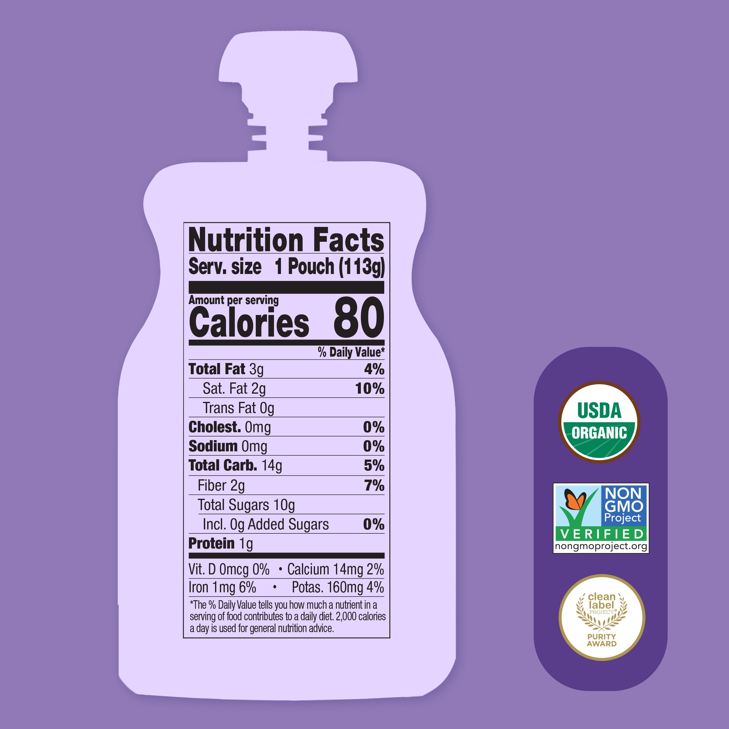 Nutrition facts label on a purple background with USDA Organic and Non-GMO Project verified labels.