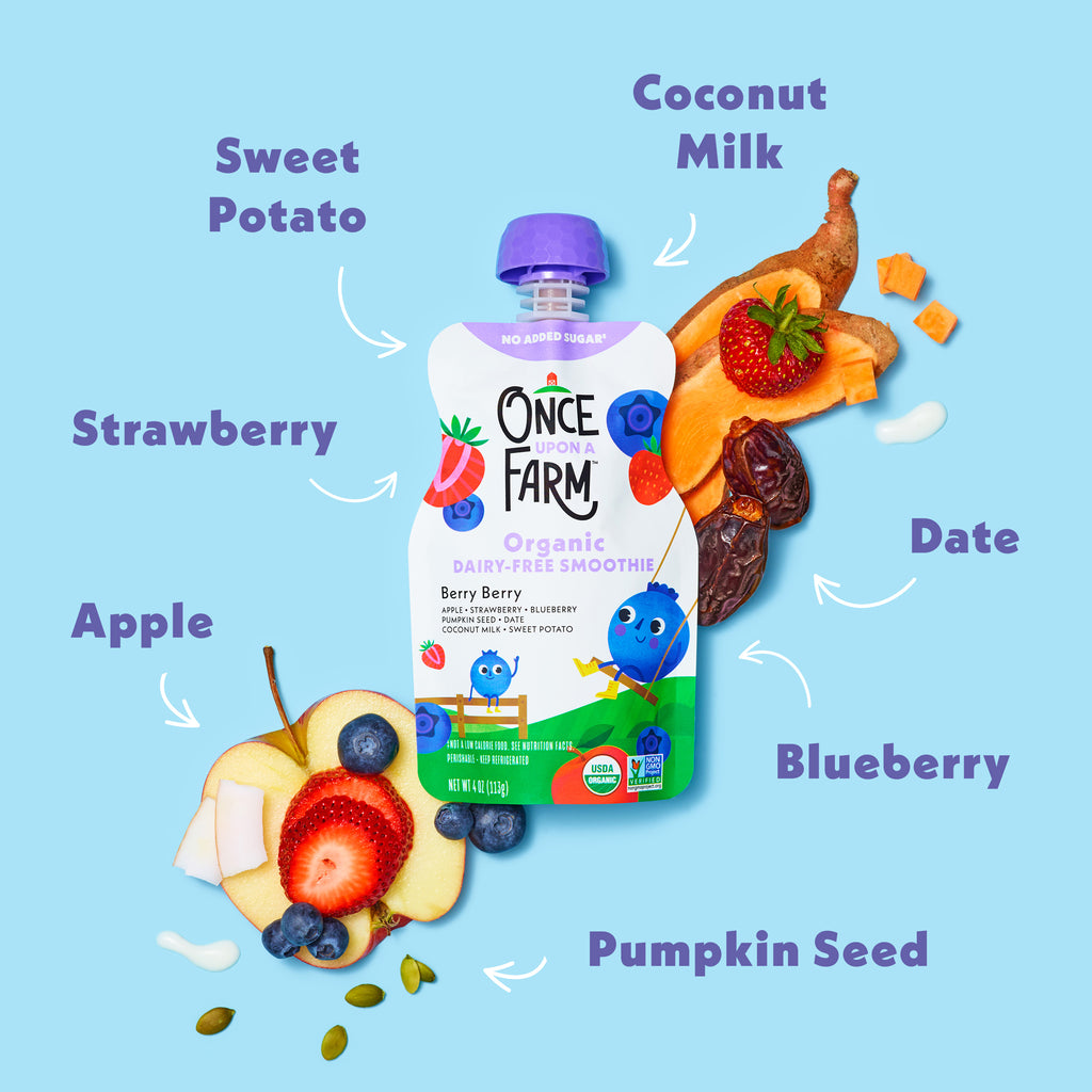 Once Farm organic berry berry dairy free smoothie pouch with ingredients labeled on a blue background