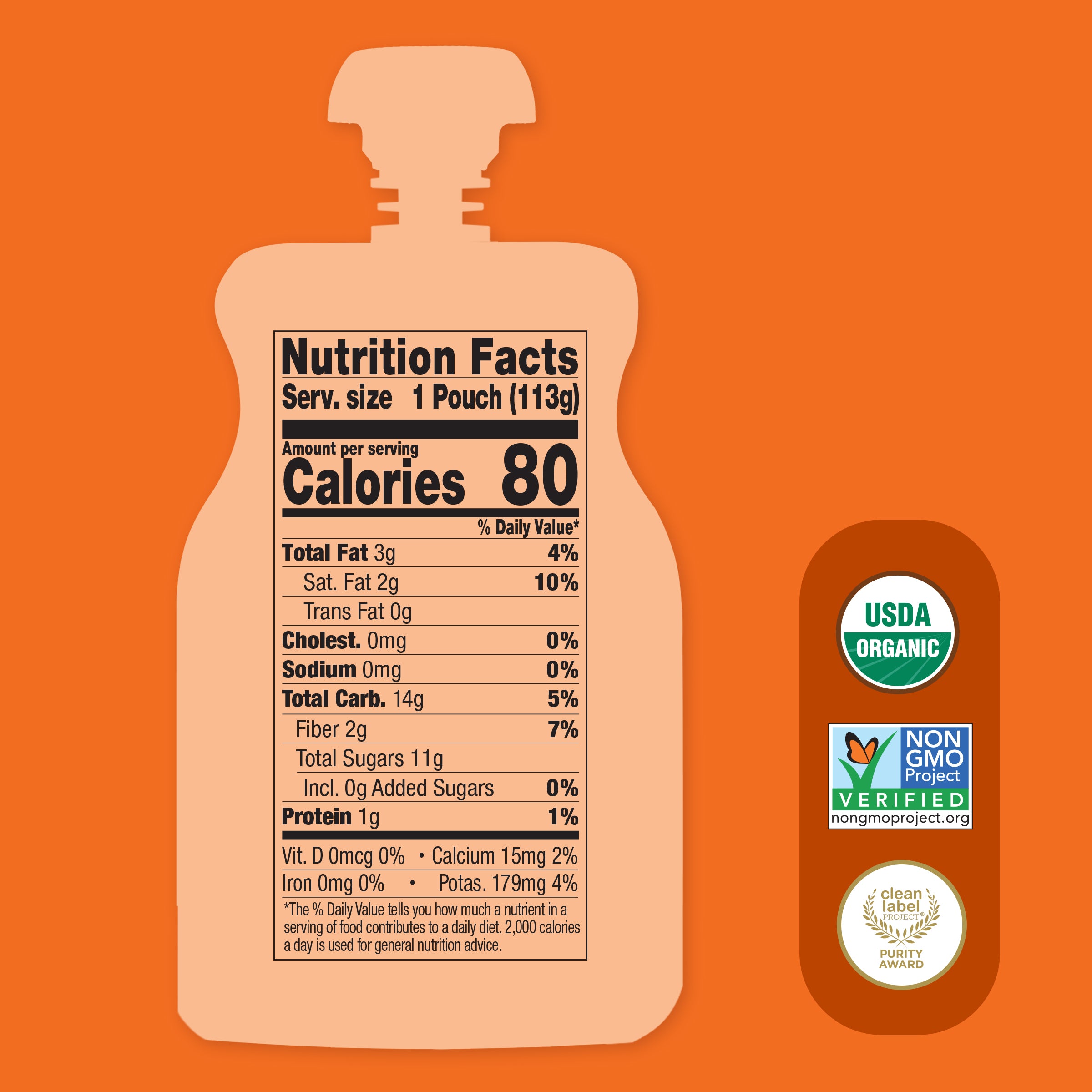 Nutrition facts label on a pouch with USDA Organic and Non-GMO Project Verified logos on an orange background.
