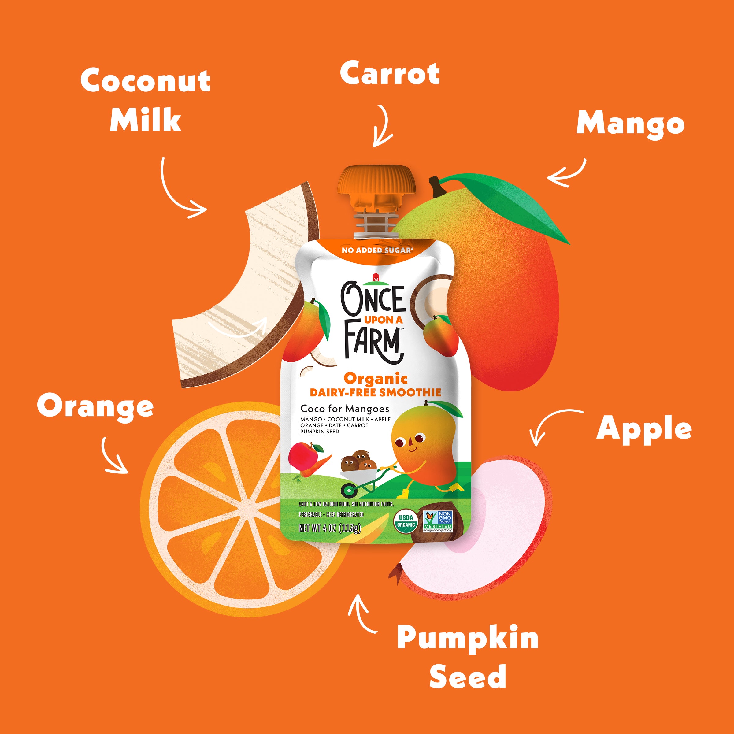 Once Upon a Farm smoothie packaging with ingredients on an orange background