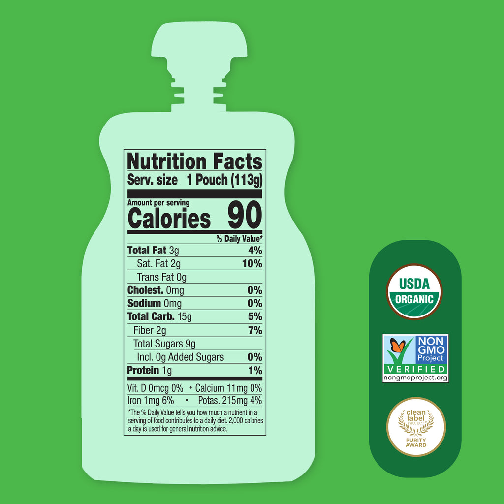 Nutrition facts label on a green background with USDA Organic and Non-GMO Project Verified logos.