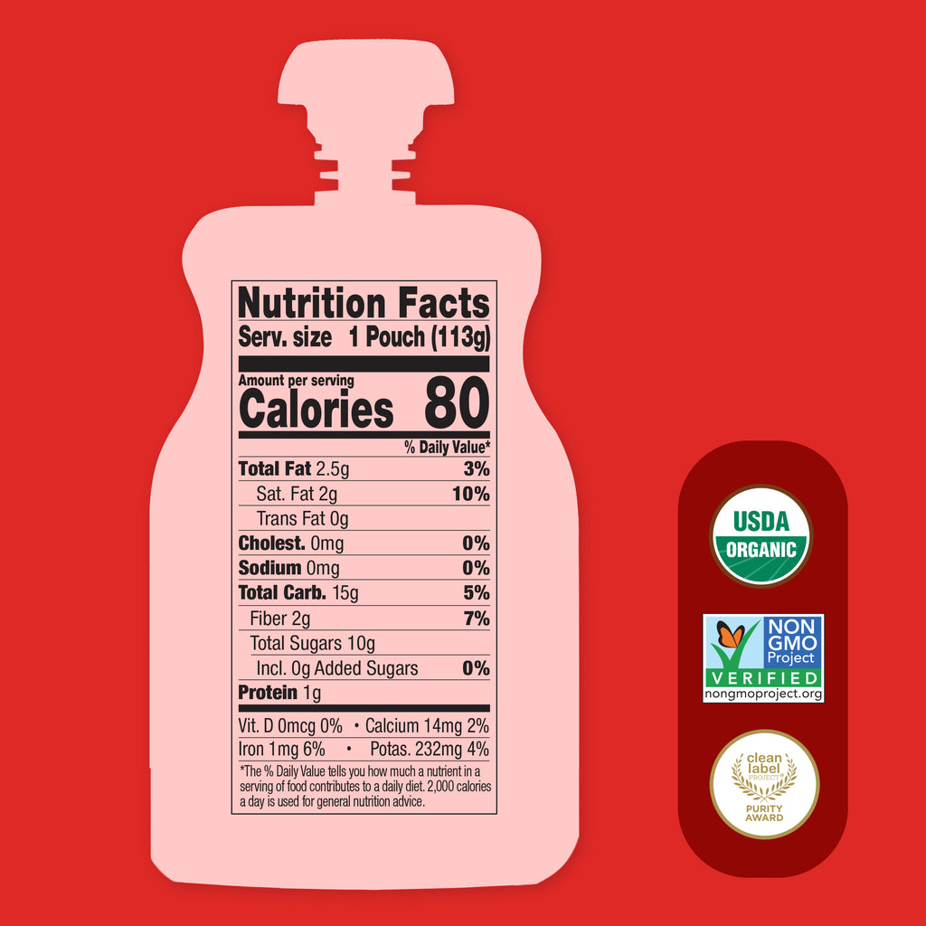 Nutrition facts label on a pouch with organic and non-GMO verified labels on a red background