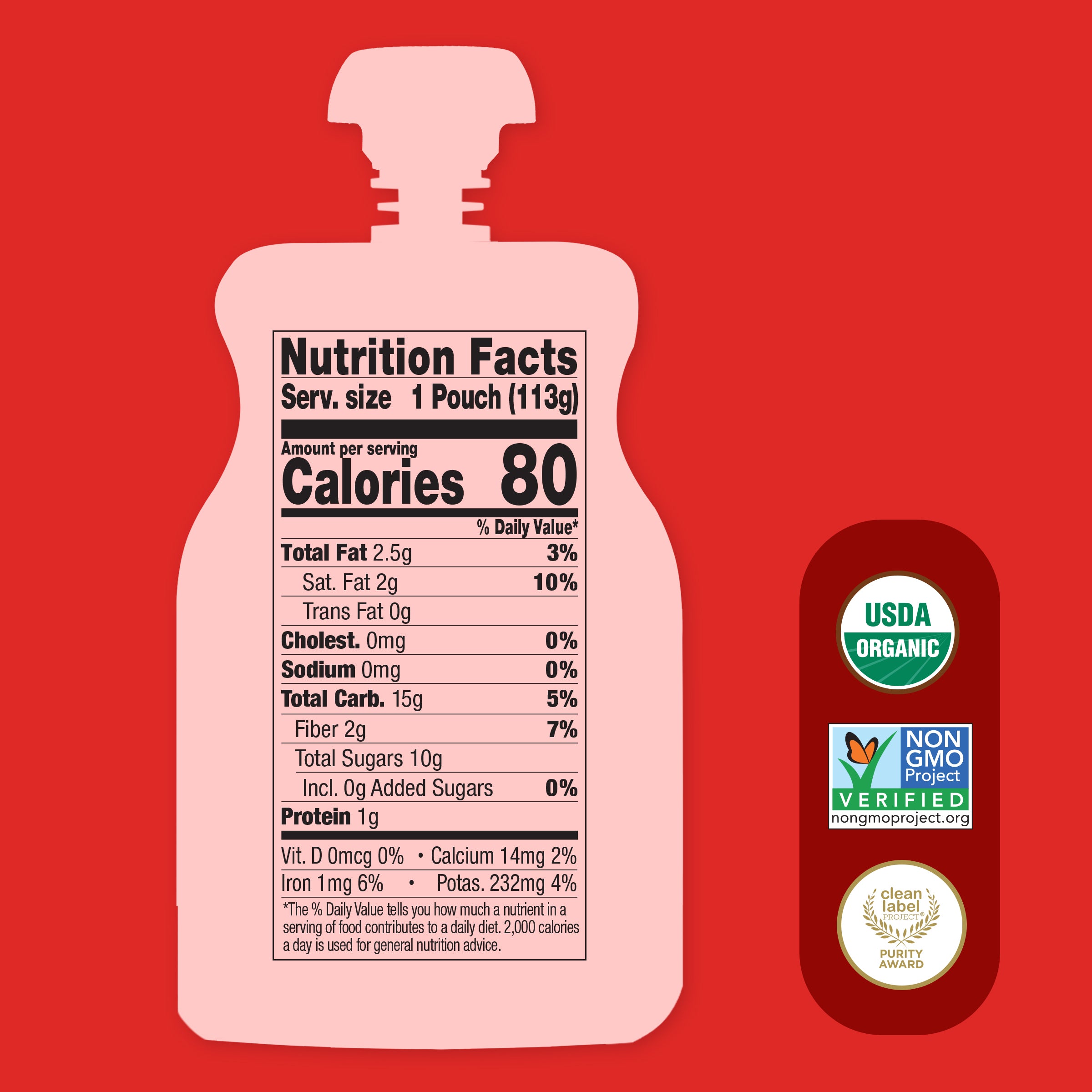 Nutrition facts label on a pouch with organic and non-GMO verified labels on a red background
