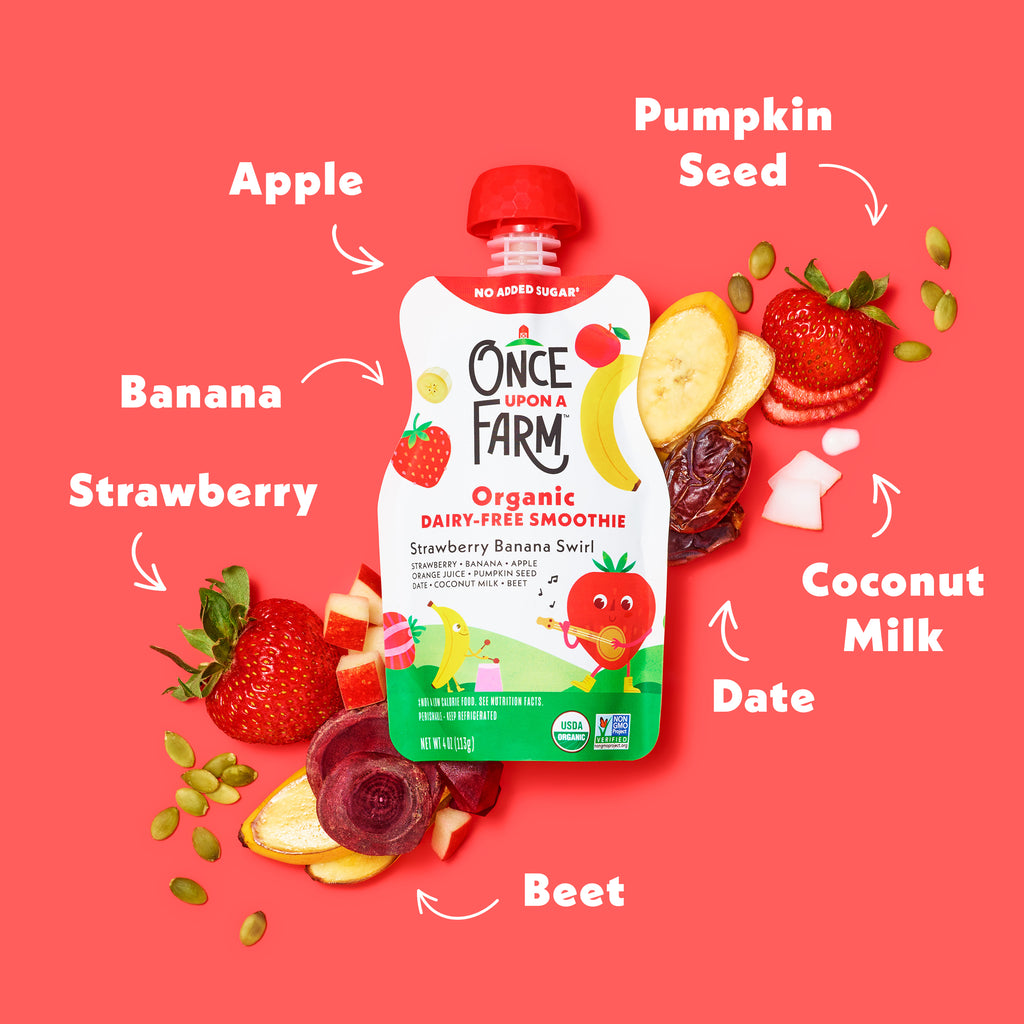 Once Upon a Farm organic dairy-free smoothie pouch with ingredients on a pink background