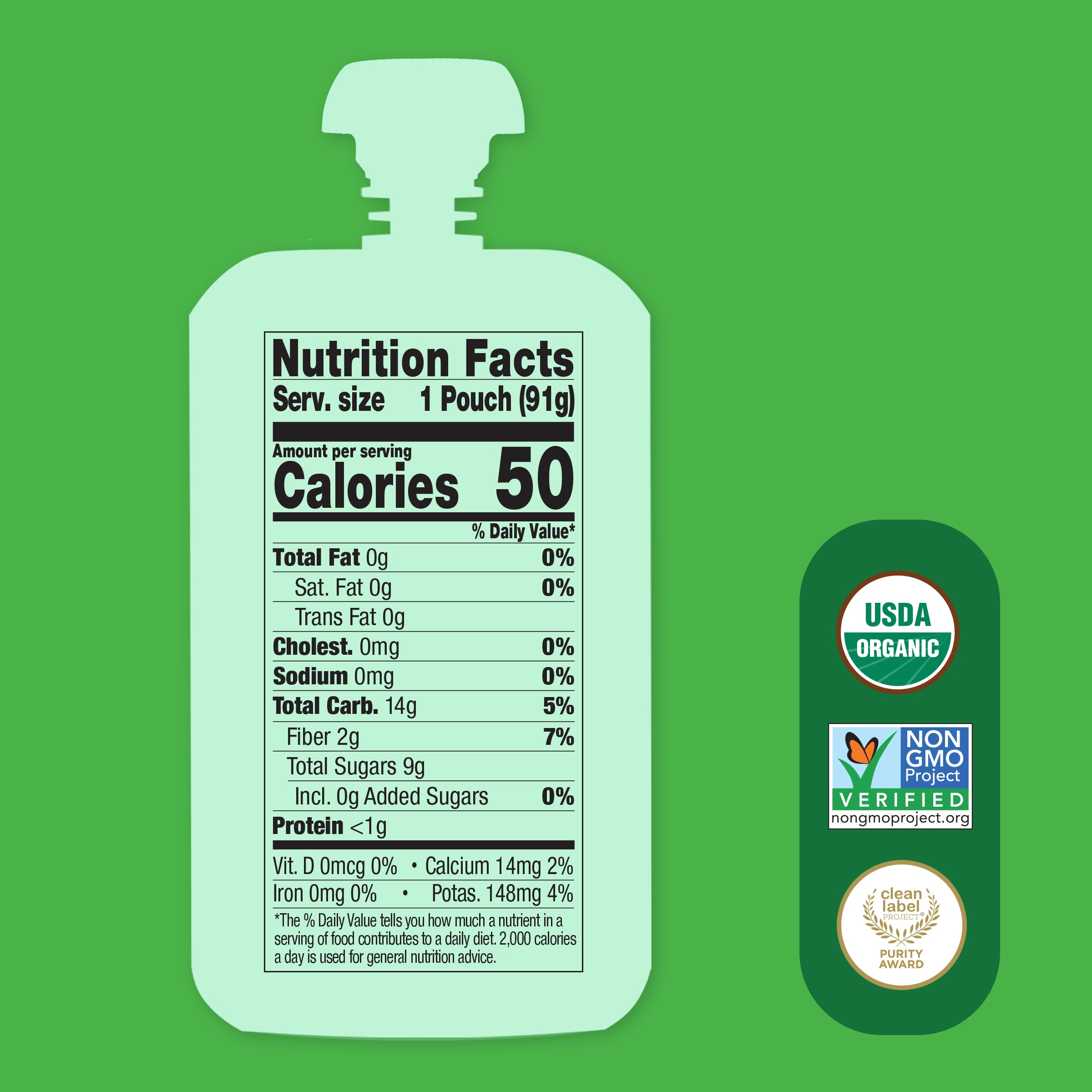 Nutrition facts label for Green Kale & Apples pouch on a green background with USDA Organic and Non-GMO Project Verified labels.