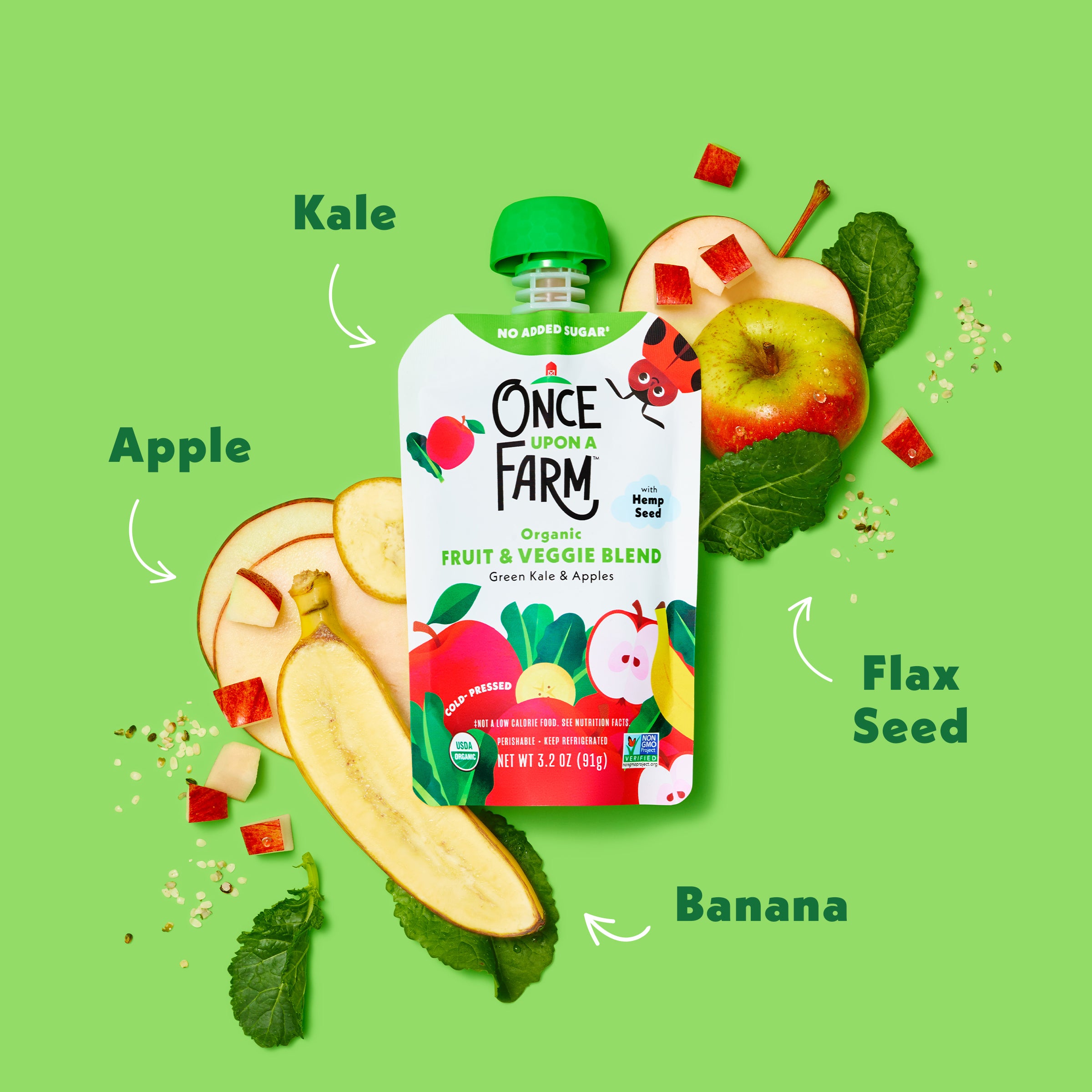 Once Upon a Farm Green Kale & Apples fruit and veggie blend pouch with kale, apple, banana, and flax seed elements on a green background