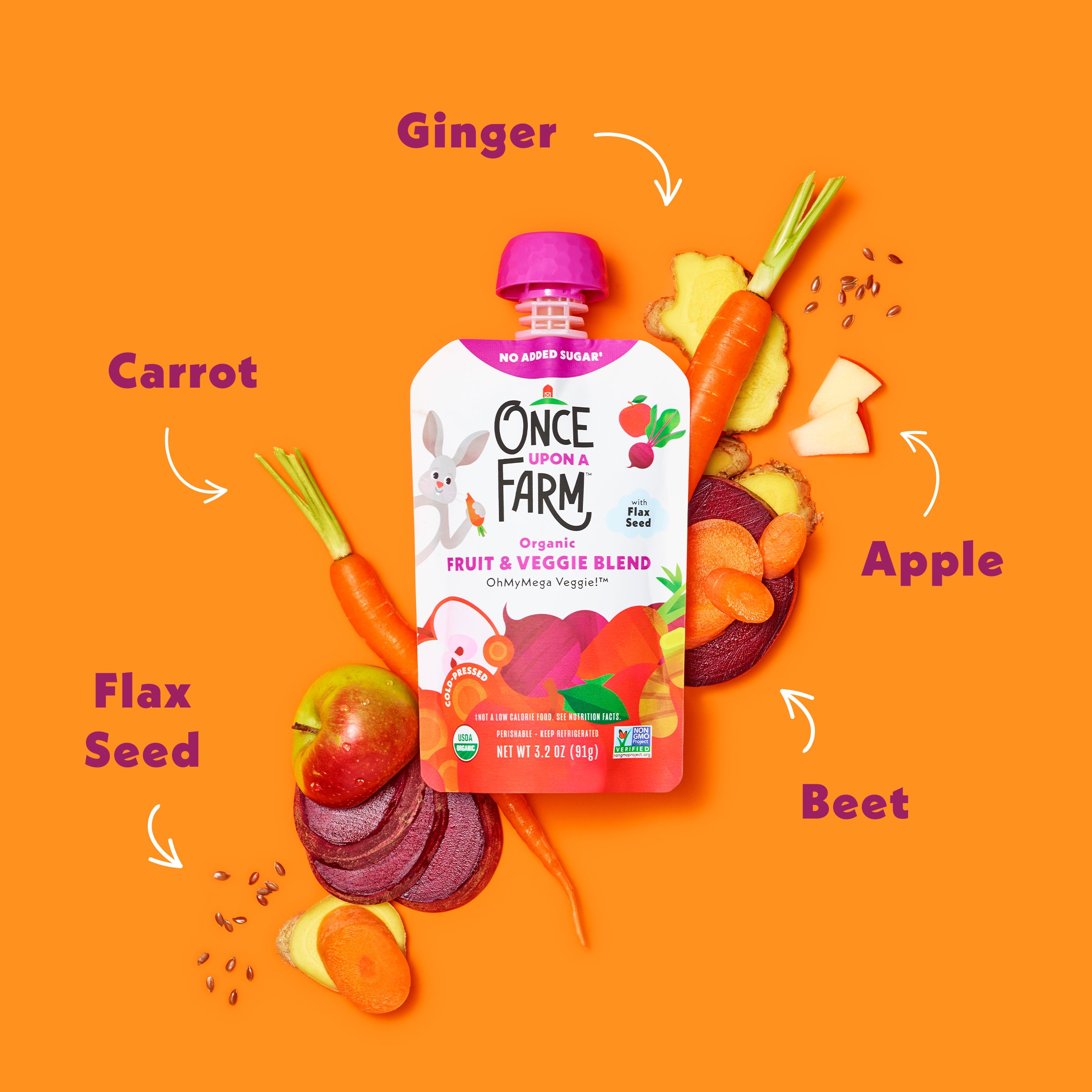 OhMyMega Veggie! ingredients on an orange background