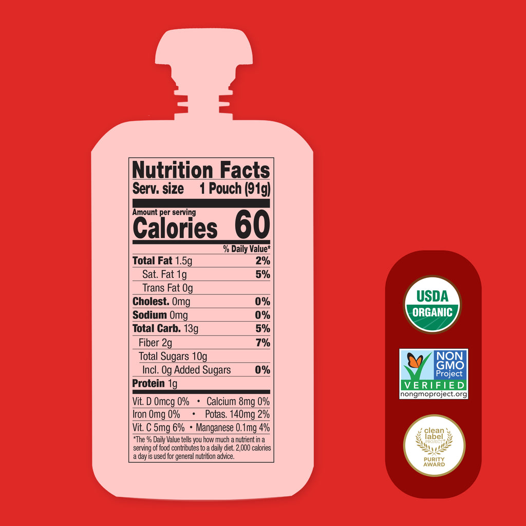 Nutrition facts label on a Apple, Cherry & Elderberry Immunity Blend pouch with USDA Organic and Non-GMO Project Verified logos on a red background.