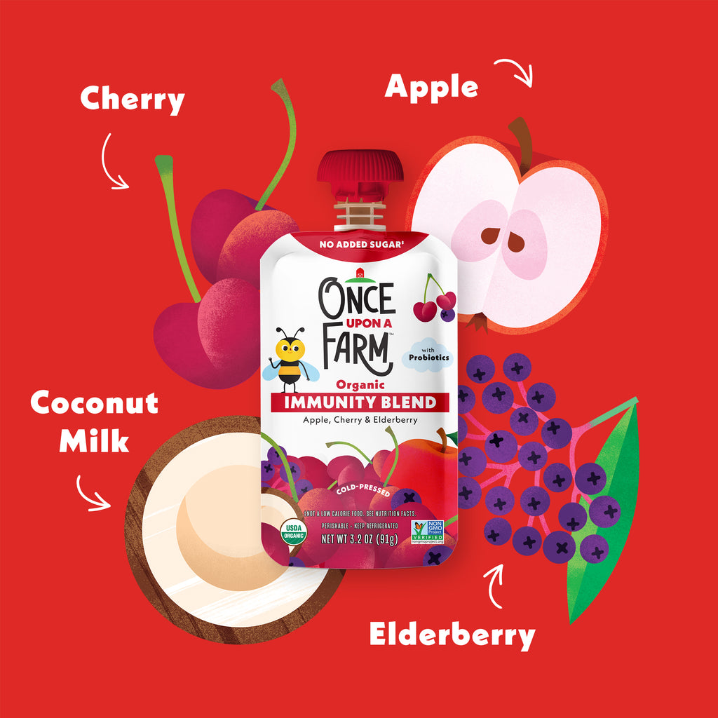 Once Upon a Farm Apple, Cherry & Elderberry Immunity Blend pouch with cherry, apple, coconut milk, and elderberry illustrations on a red background.