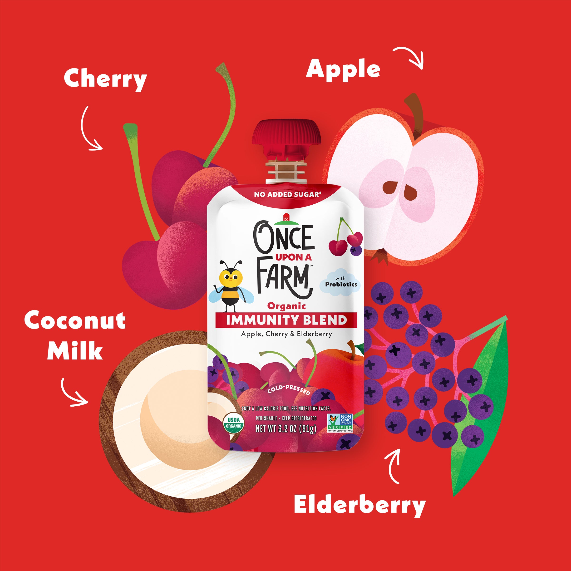 Once Upon a Farm Apple, Cherry & Elderberry Immunity Blend pouch with cherry, apple, coconut milk, and elderberry illustrations on a red background.
